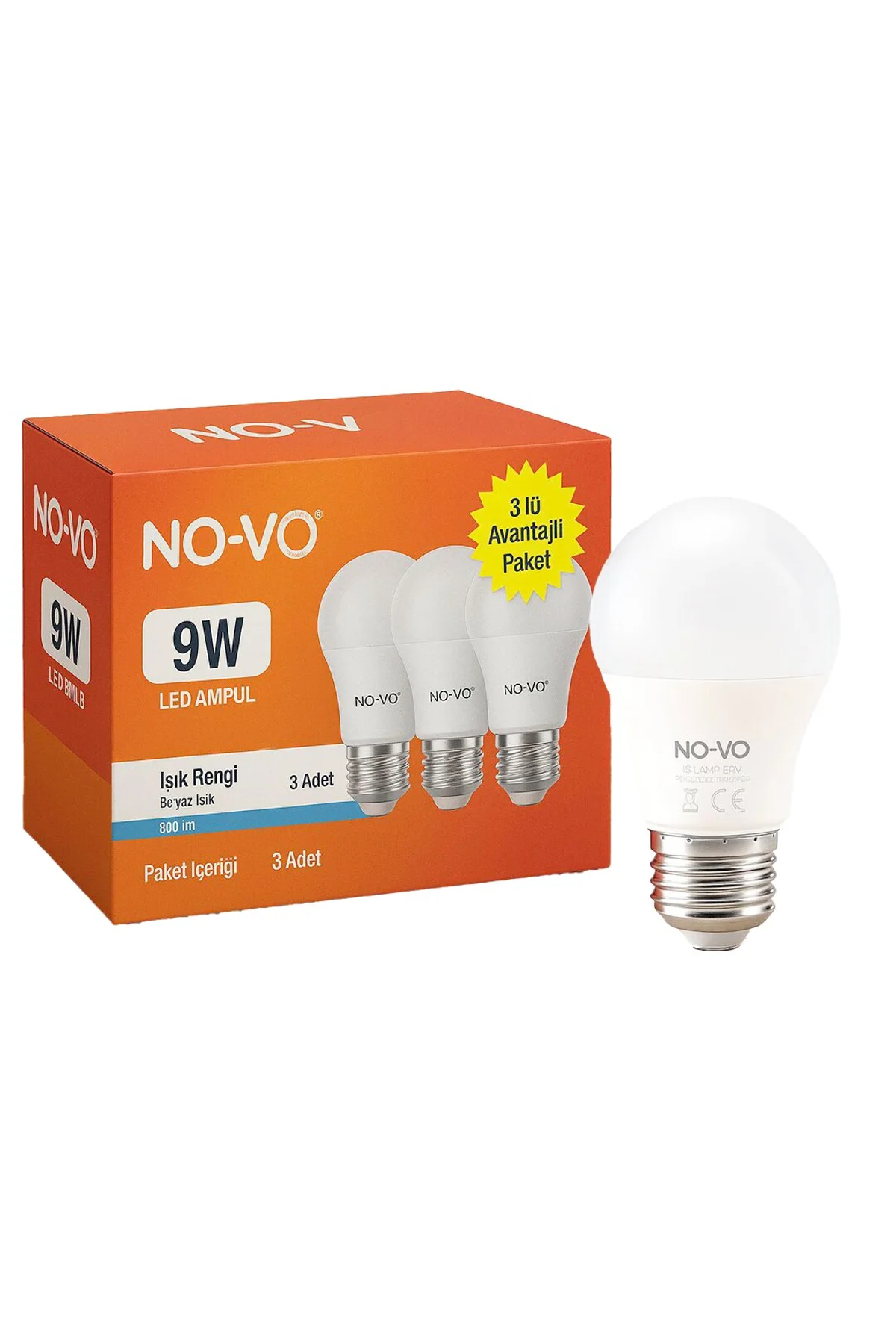 NO-VO 3LÜ AVANTAJ PAKET 9W BEYAZ LED AMPUL E27 806LM 6500K 15.000 SAAT ÖMÜR (4741)
