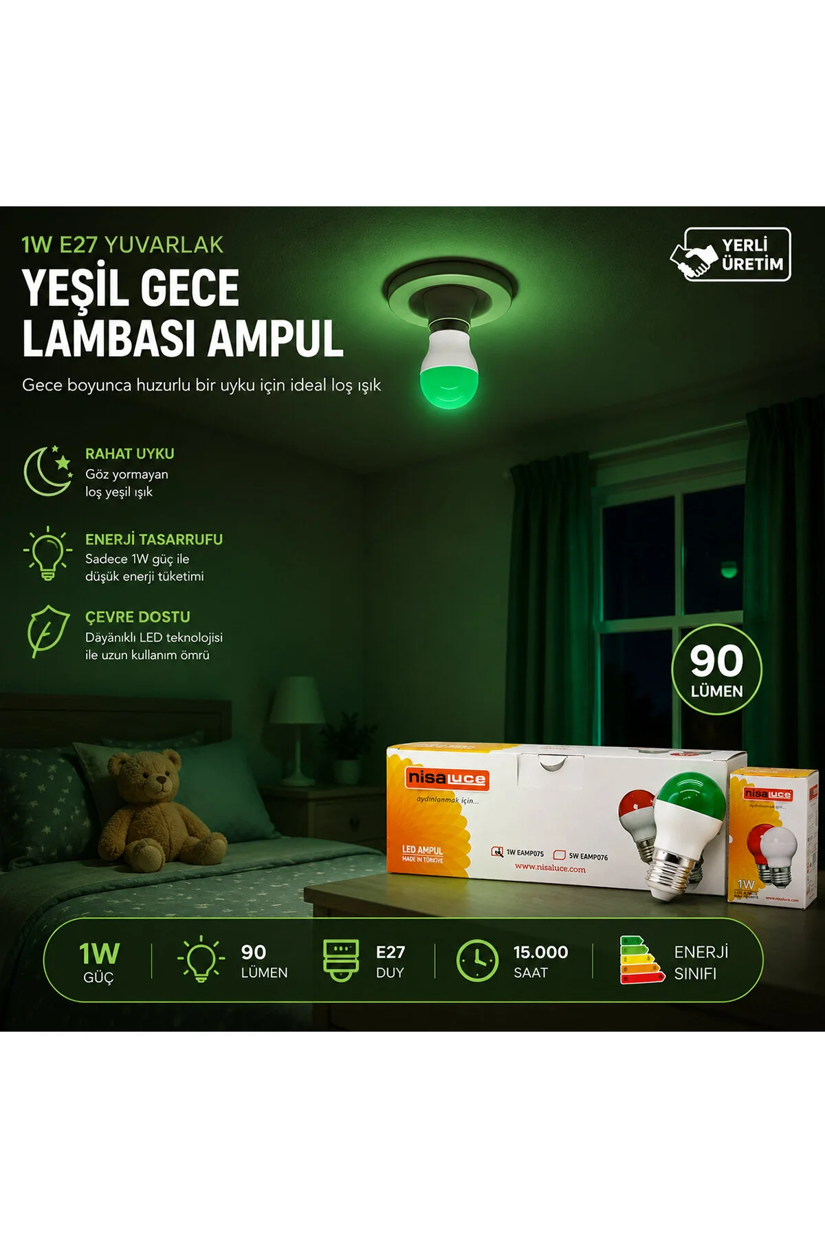 10 ADET 1W E27 YEŞiL YUVARLAK GECE LAMBASI LED AMPUL EAMP-075 (4741)