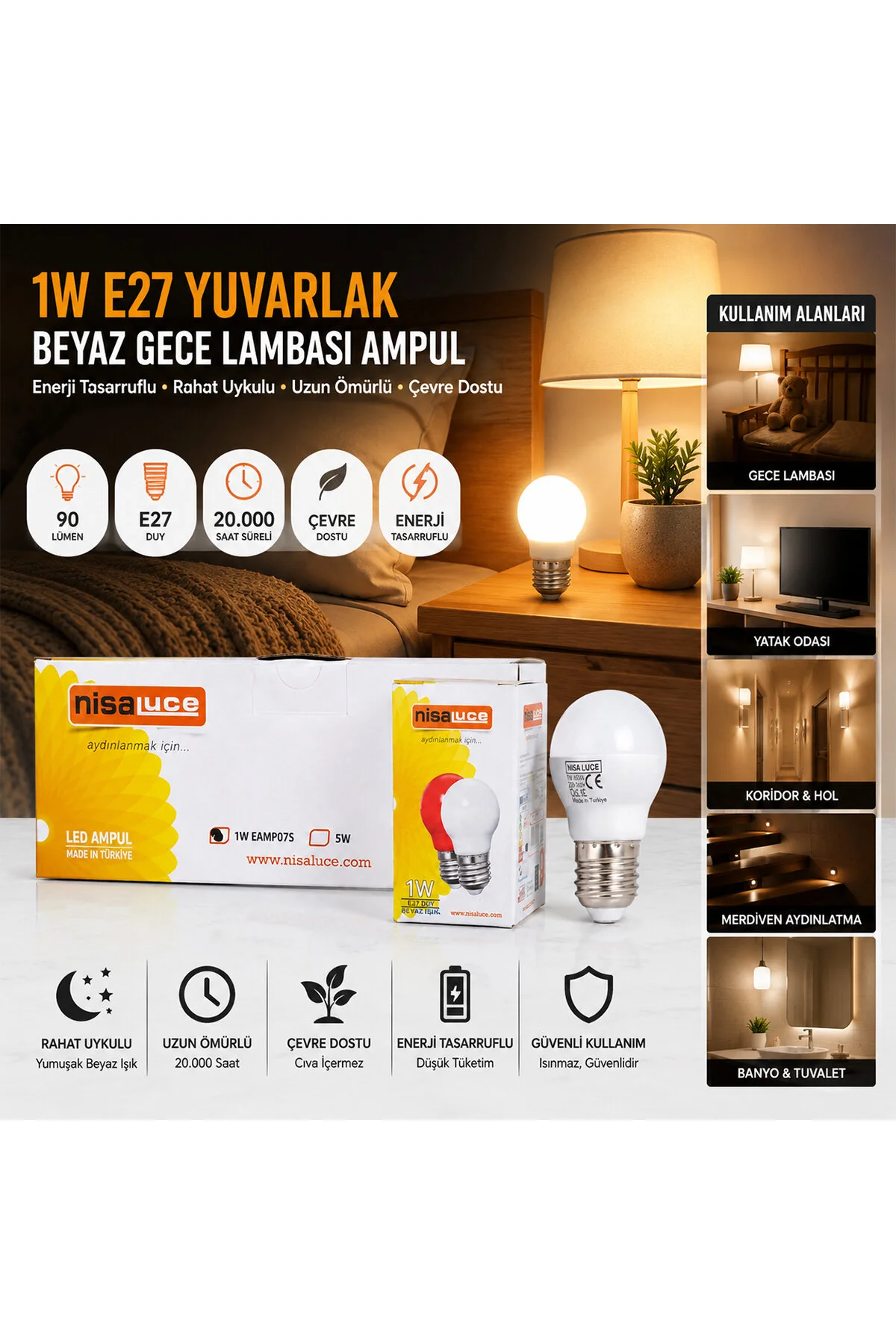 10 ADET 1W E27 BEYAZ YUVARLAK GECE LAMBASI LED AMPUL (4741)