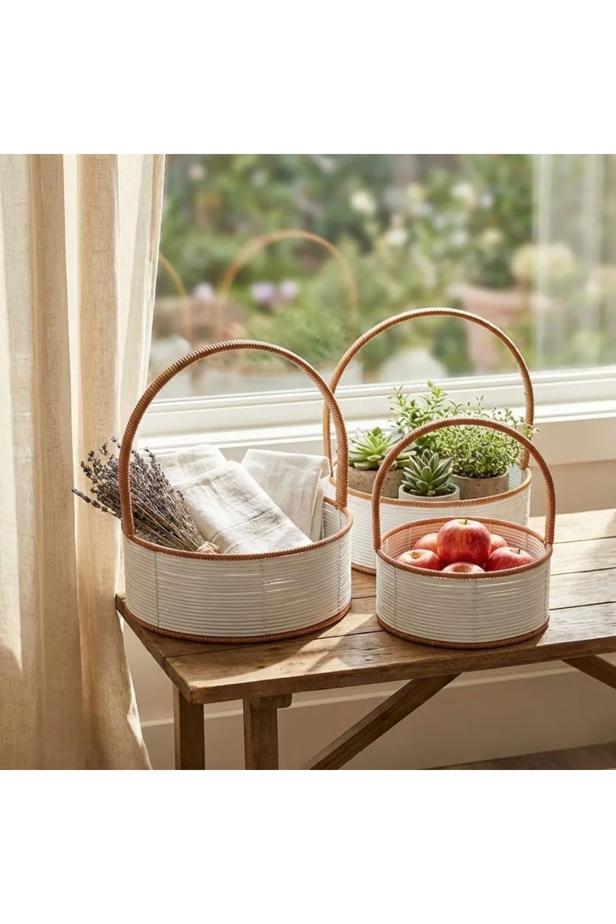 3 Boy İç İçe Geçebilen Plastik Rattan Sepetler–Beyaz Renkli,Kahverengi Saplı, Çok Amaçlı Düzenleyici - Just Cheap Store Görsel 2