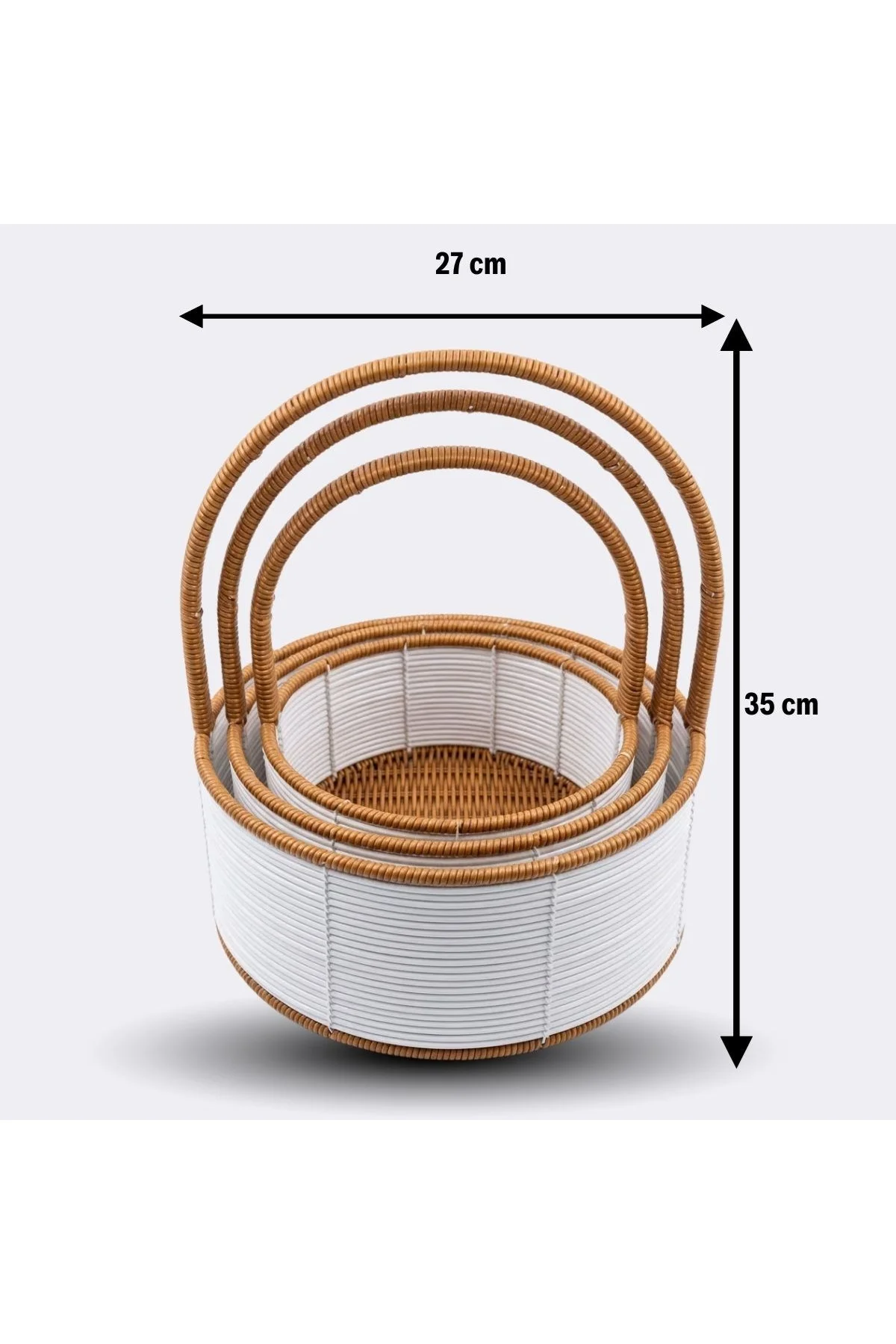 3 Boy İç İçe Geçebilen Plastik Rattan Sepetler–Beyaz Renkli,Kahverengi Saplı, Çok Amaçlı Düzenleyici - Just Cheap Store Görsel 5