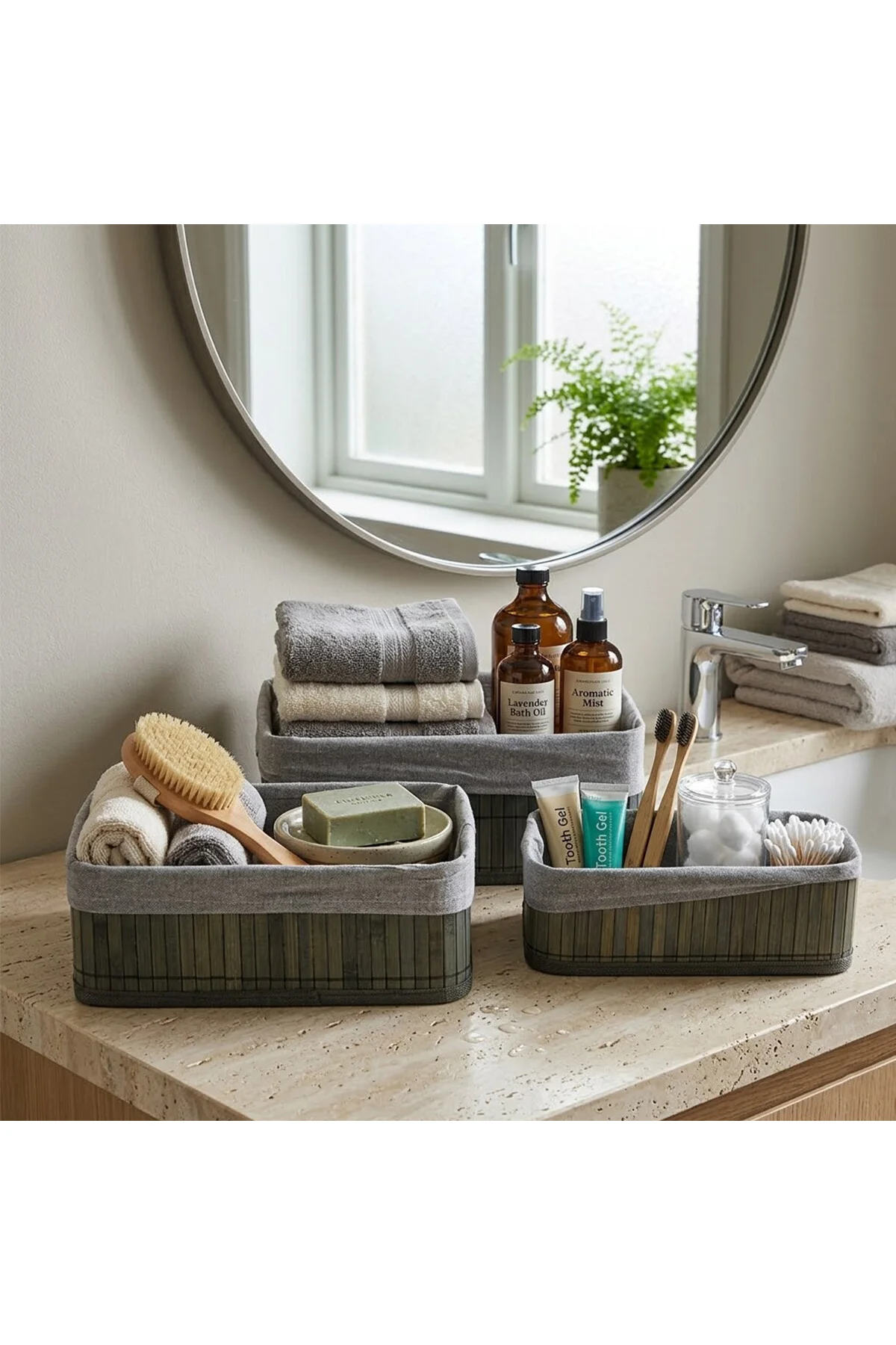 GRİ 3 BOY D.DÖRTGEN BAMBU KENAR ORGANİZER SEPET AHŞAP ALTLIK - BEZLİ 25X14-28X18-20X30CM (4741) - Just Cheap Store Görsel 2