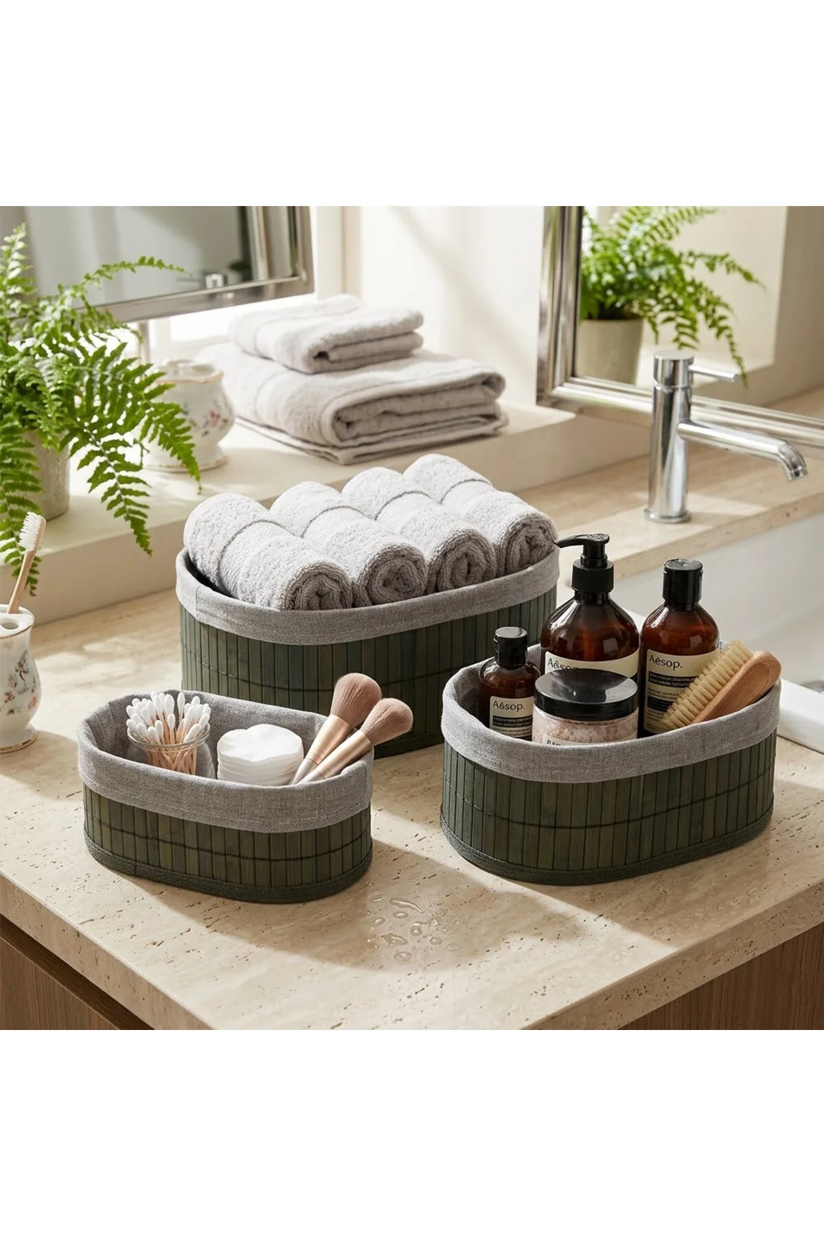 GRİ 3 BOY OVAL BAMBU KENAR ORGANİZER SEPET AHŞAP ALTLIK - BEZLİ 12X21-16X25-20X30CM (4741) - Just Cheap Store Görsel 2