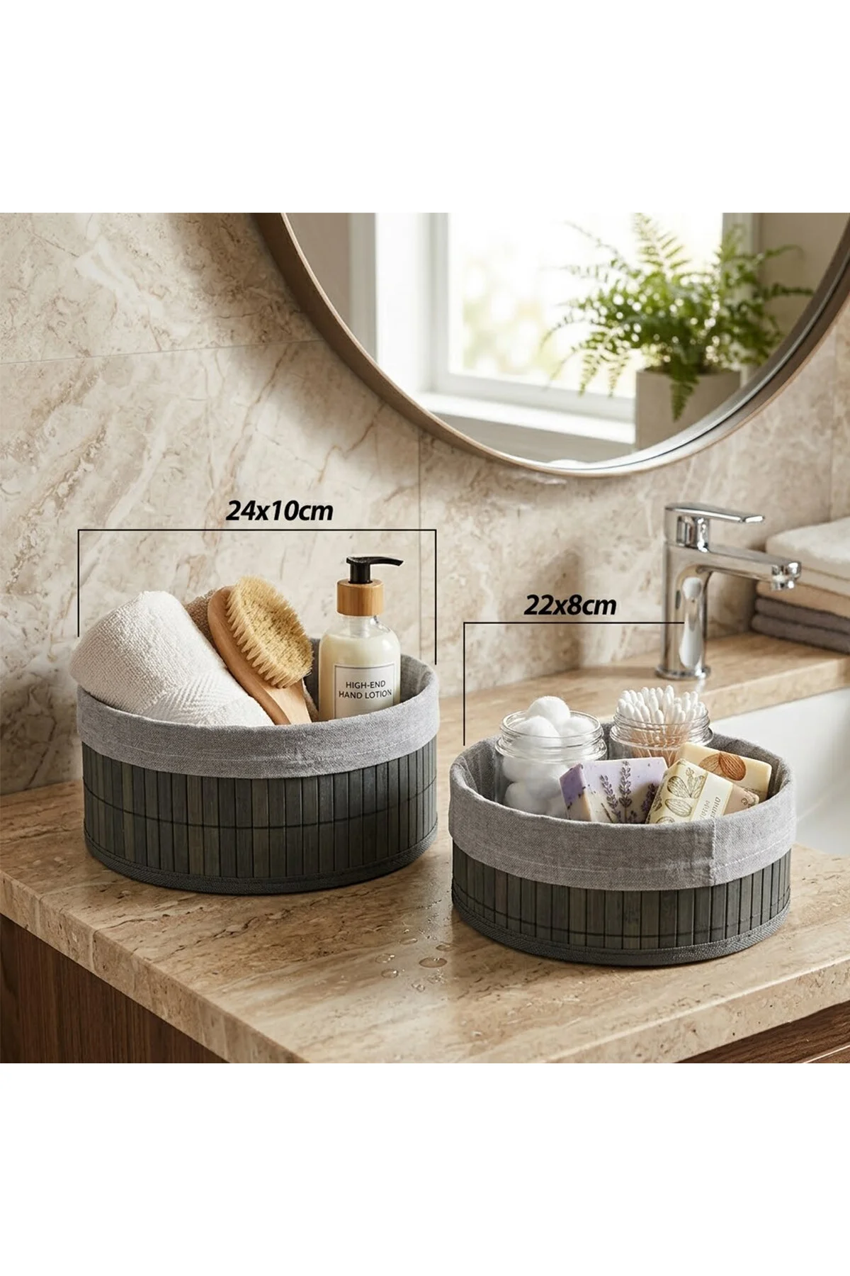 GRİ 2 BOY YUVARLAK BAMBU KENAR ORGANİZER SEPET AHŞAP ALTLIK - BEZLİ ÇAP=22X24CM (4741) - Just Cheap Store Görsel 2