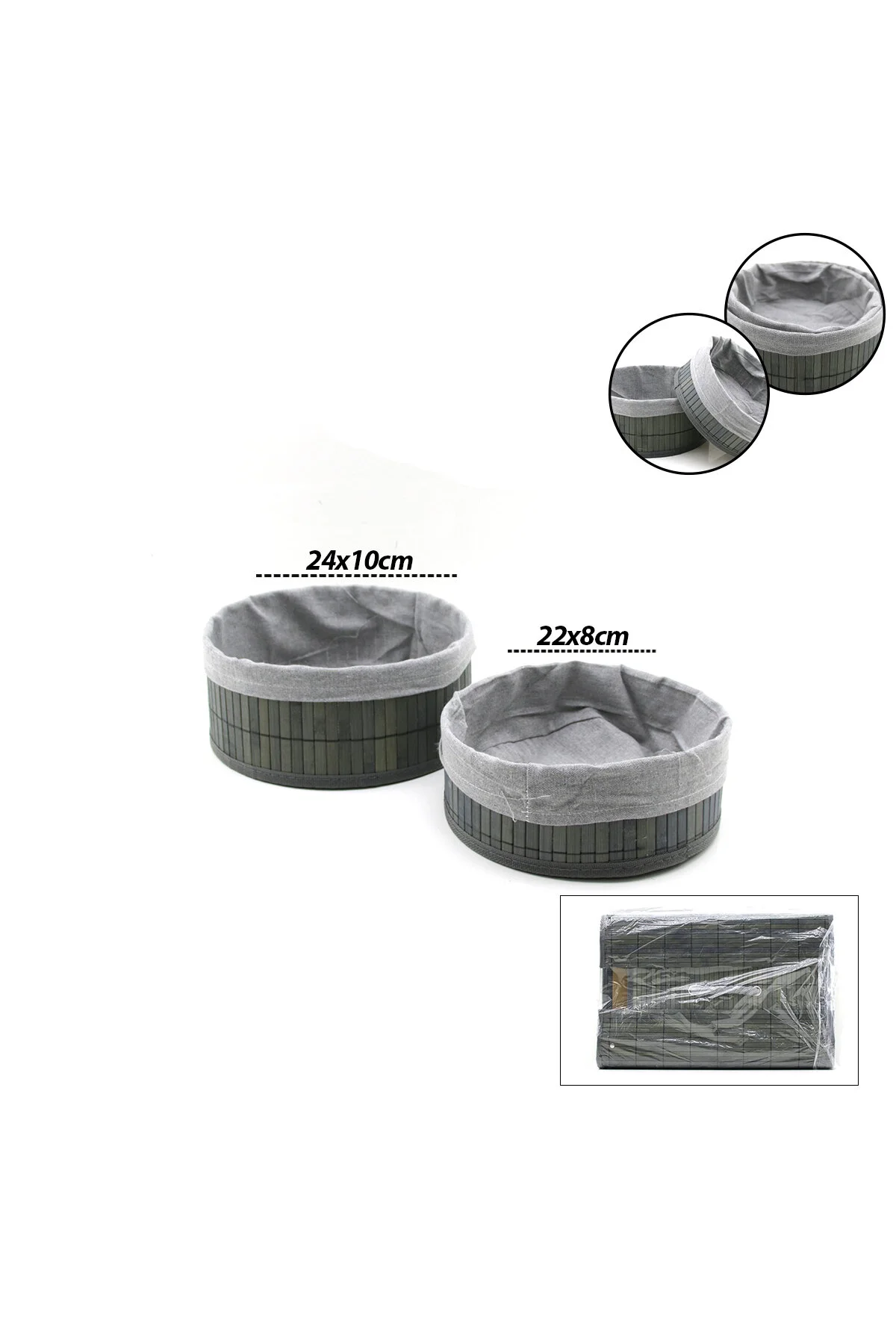 GRİ 2 BOY YUVARLAK BAMBU KENAR ORGANİZER SEPET AHŞAP ALTLIK - BEZLİ ÇAP=22X24CM (4741)