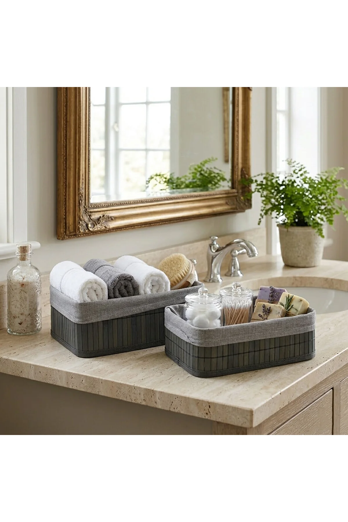 GRİ 2 BOY D.DÖRTGEN BAMBU KENAR ORGANİZER SEPET AHŞAP ALTLIK - BEZLİ 25X14-28X18CM (4741) - Just Cheap Store Görsel 2