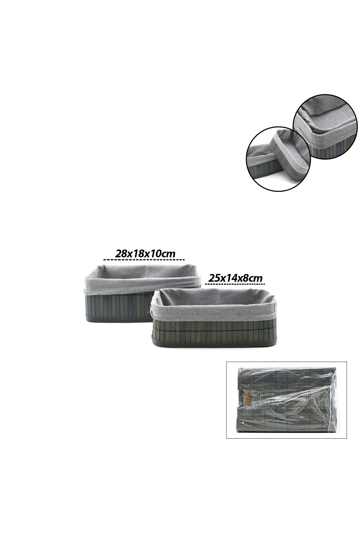 GRİ 2 BOY D.DÖRTGEN BAMBU KENAR ORGANİZER SEPET AHŞAP ALTLIK - BEZLİ 25X14-28X18CM (4741)