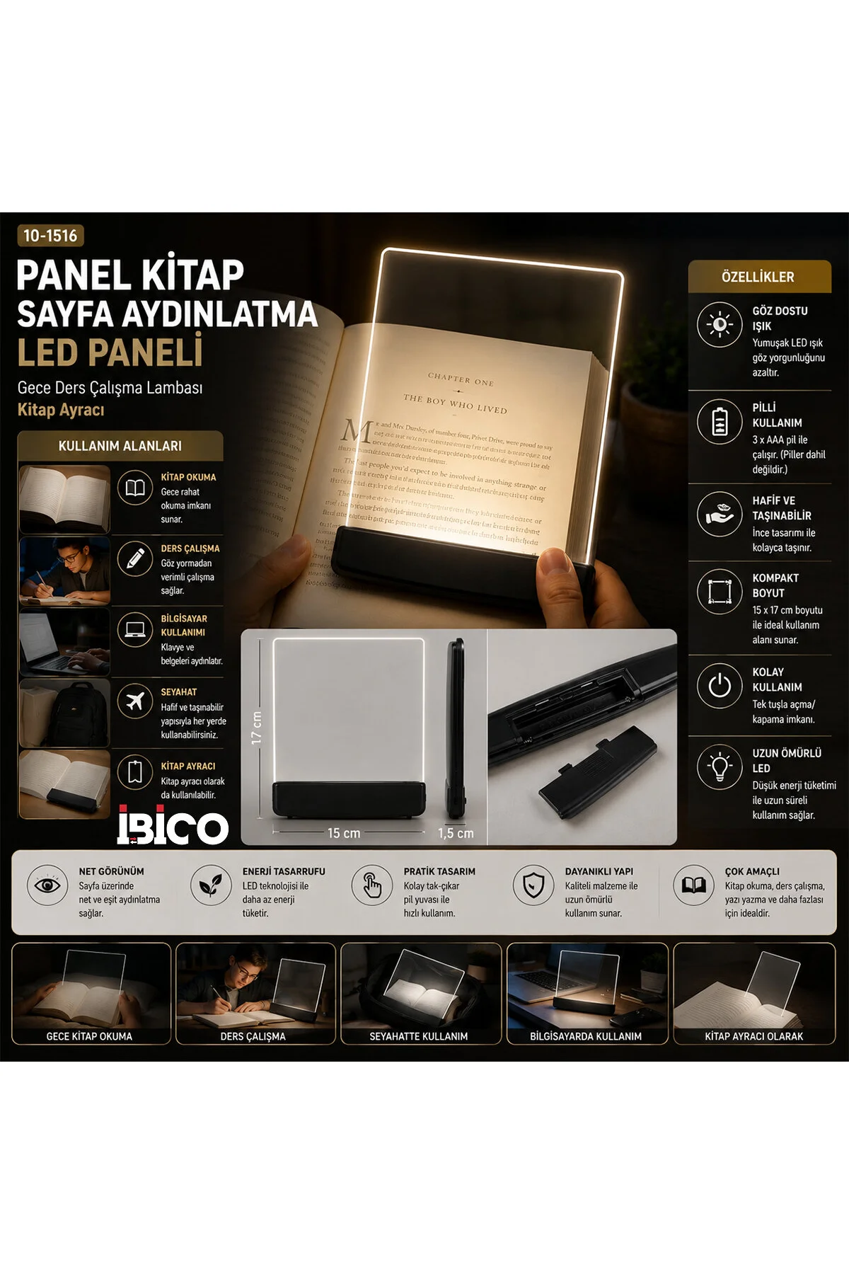 LIGHT PANEL KİTAP SAYFA AYDINLATMA LED PANELİ KİTAP OKUMA PİLLİ 15X17CM İ10-027 (4741)