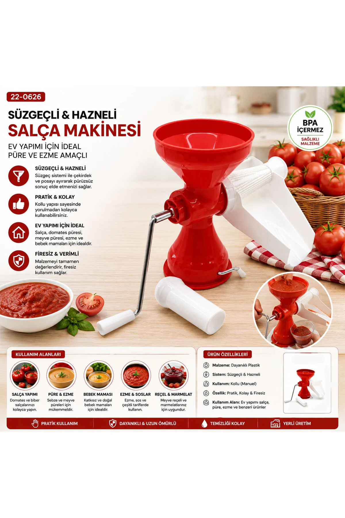 PLASTİK SÜZGEÇLİ - HAZNELİ SALÇA MAKİNESİ METAL KOLLU EV YAPIMI FİRESİZ PRATİK KULLANIM BRKT-312007 - Just Cheap Store Görsel 2