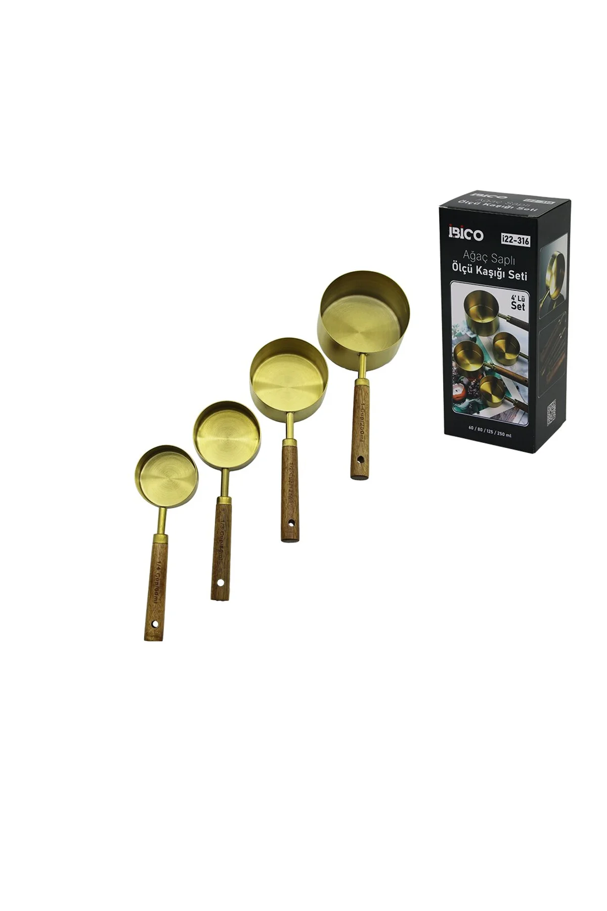 4 PCS GOLD METAL ÖLÇÜ KAŞIK SETİ OTANTİK AĞAÇ KULP 250ML - 125ML - 80ML - 60ML (4741)