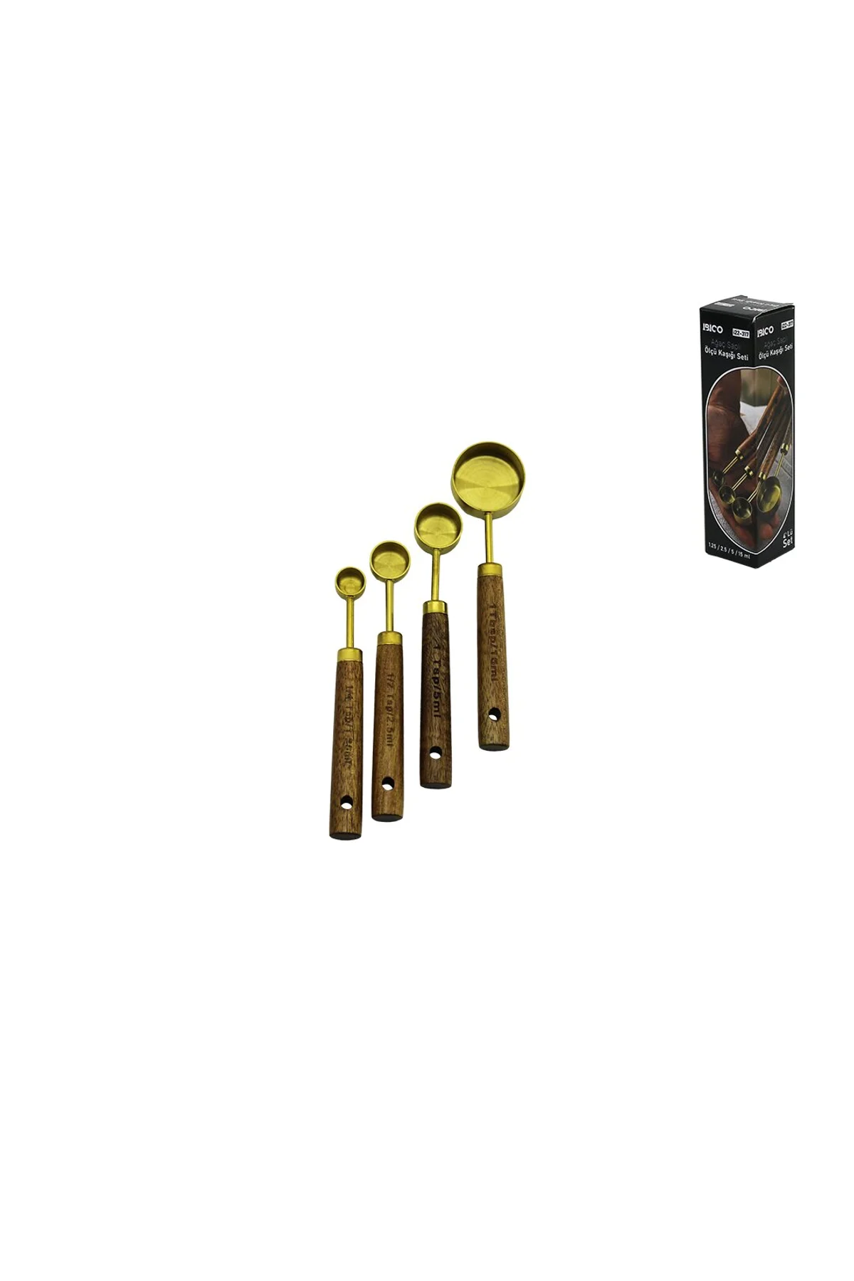 4 PCS GOLD METAL ÖLÇÜ KAŞIK SETİ OTANTİK AĞAÇ KULP 15ML - 5ML - 2.5ML - 1.25ML (4741)