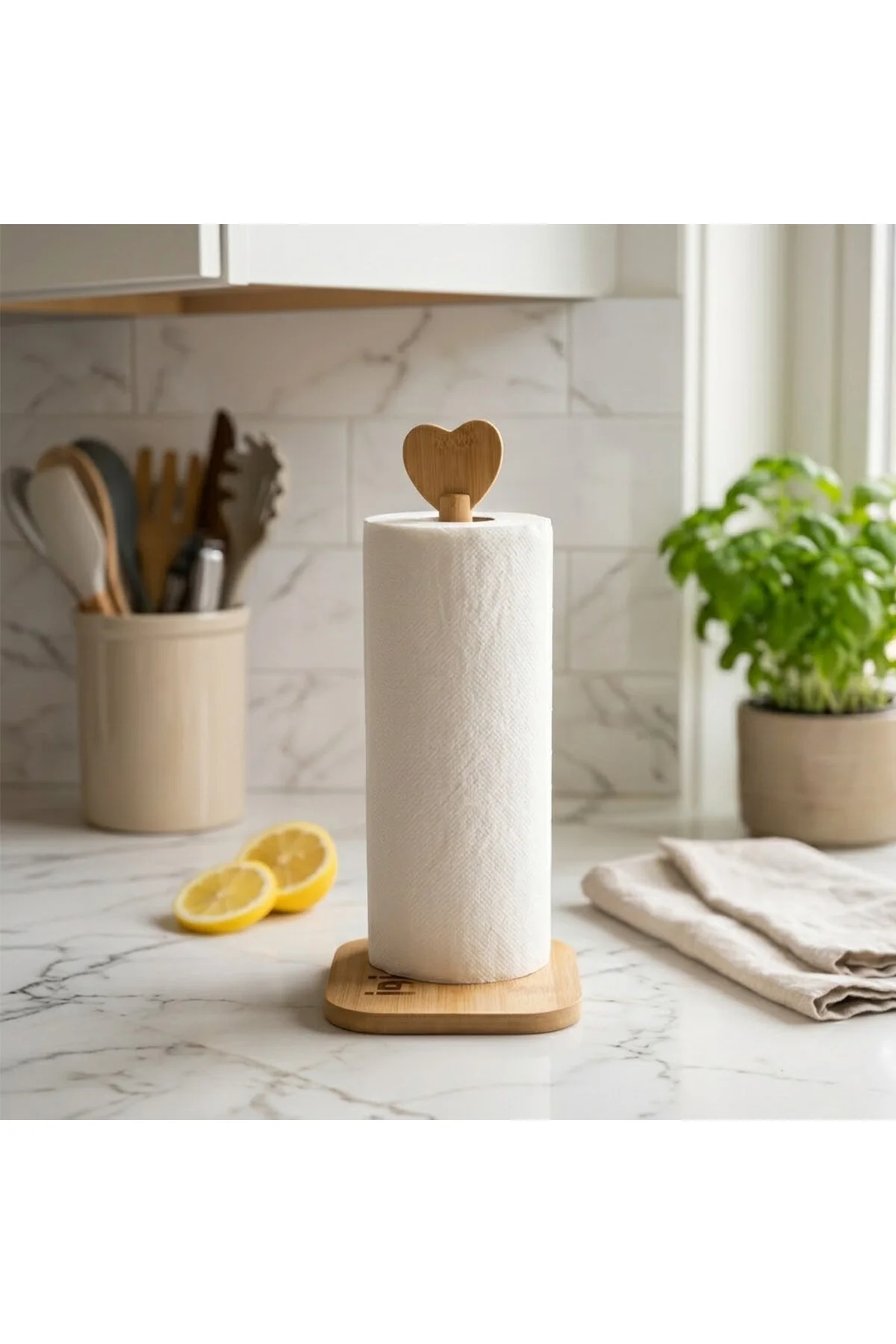 KARE ALTLIK=12X12CM AHŞAP BAMBU KAĞIT HAVLULUK KALP BAŞLI SAP=28.5CM (4741) - Just Cheap Store Görsel 2