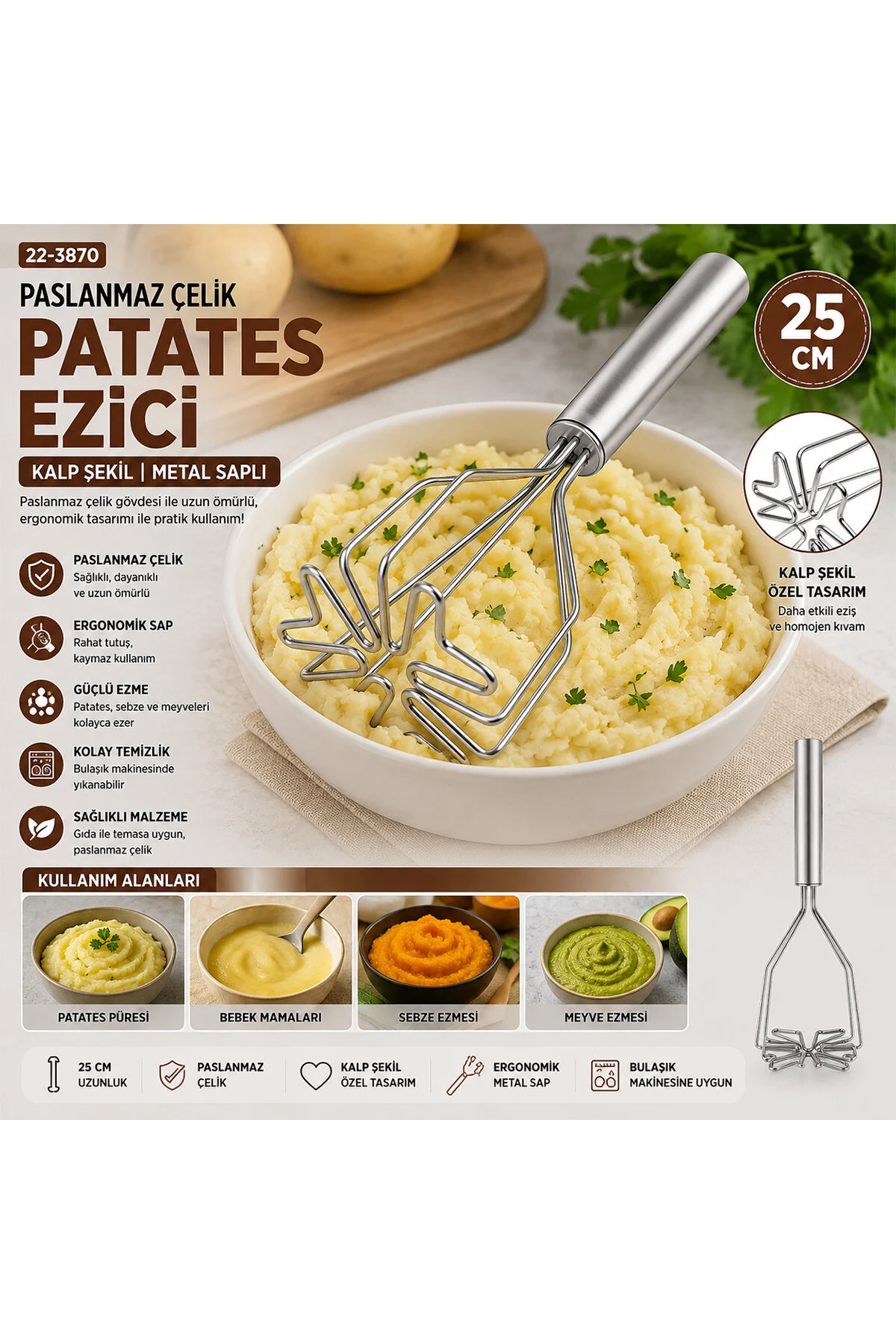 KALP ŞEKİL ÇAP: 9CM KROM SAPLI=12CM METAL PATATES EZİCİ TOPLAM UZUNLUK: 26CM (4741) - Just Cheap Store Görsel 2