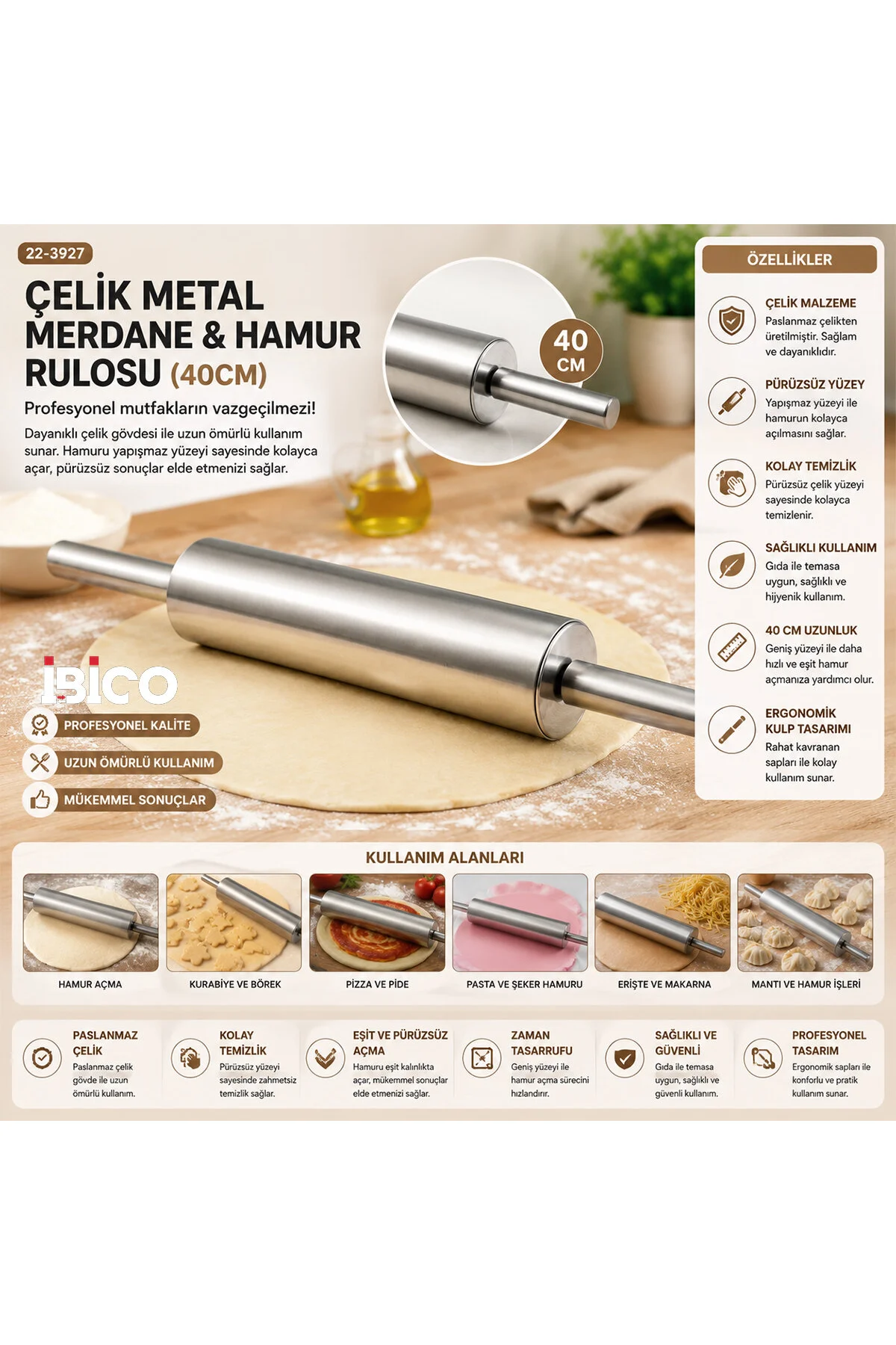 ÇELİK METAL MERDANE - HAMUR RULOSU 40CM (4741) - Just Cheap Store Görsel 2