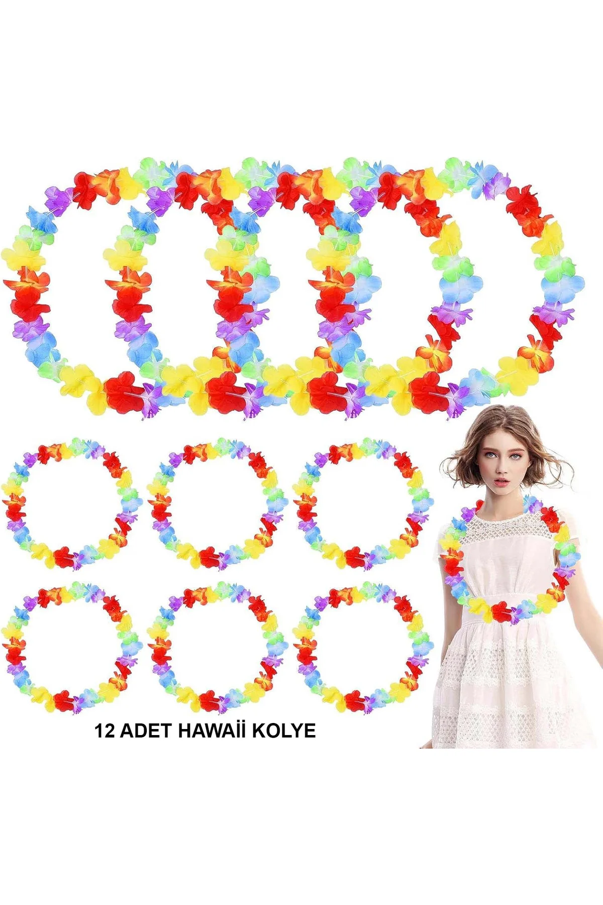 Hawaii Çiçekli Boyun Kolyesi - Renkli Tropikal Parti Leisi 12 Adet (4741)