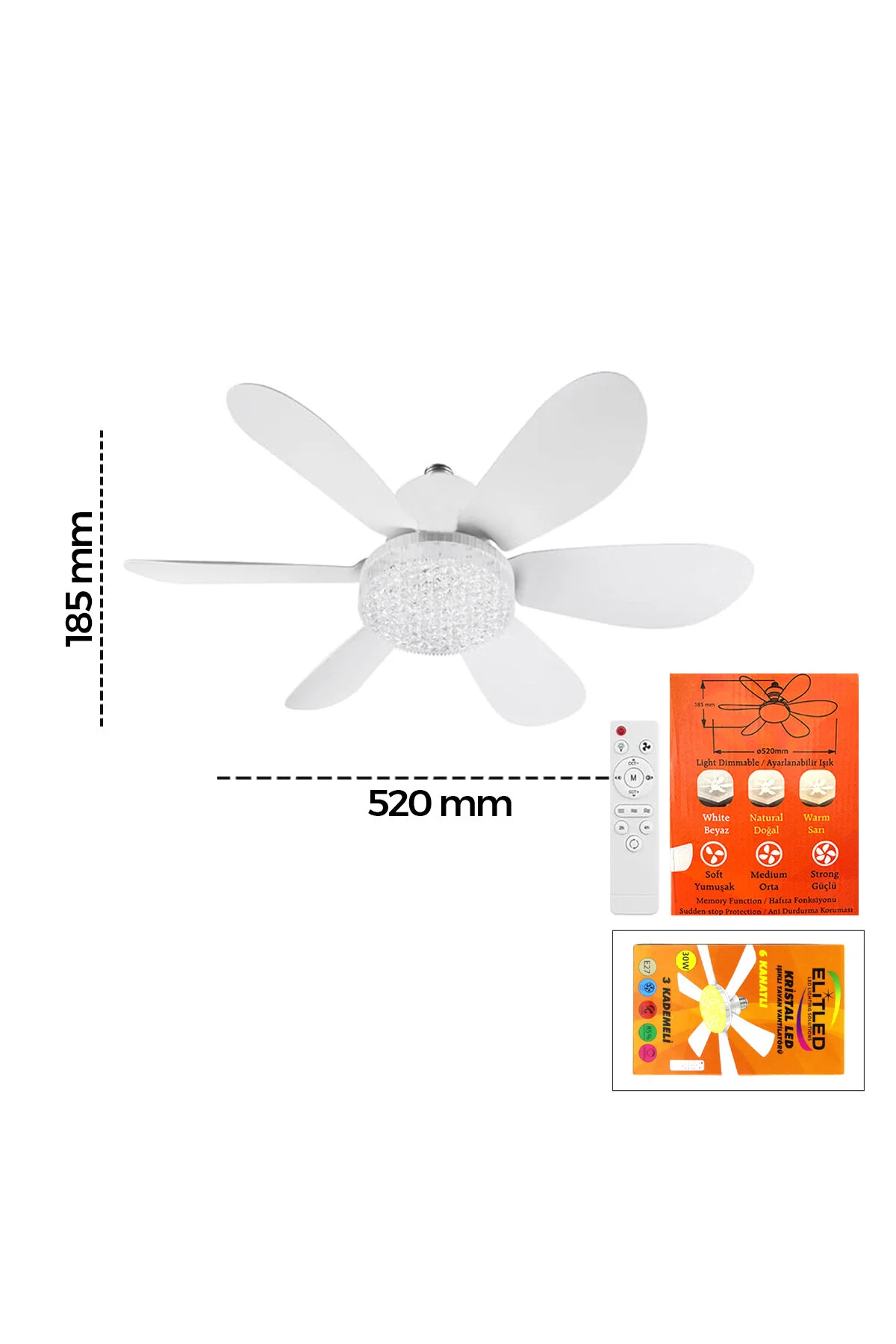 2İN1=TAVAN VANTİLATÖR - AVİZE LAMBA KUMANDALI 52CM SİNEK KOVUCU 6-BEYAZ PLASTİK KANAT 3-KADEME HIZ B