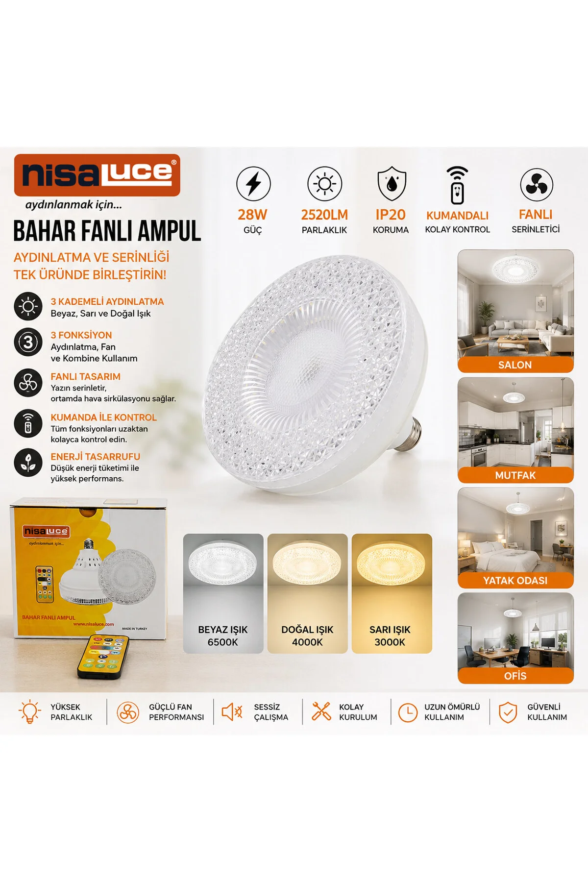 TAVAN 28W - IP20 - 2520LM KUMANDALI - 3 KADEMELİ - 3 FONKSİYON 38X15CM BAHAR FANLI VANTİLATÖR AMPUL - Just Cheap Store Görsel 3