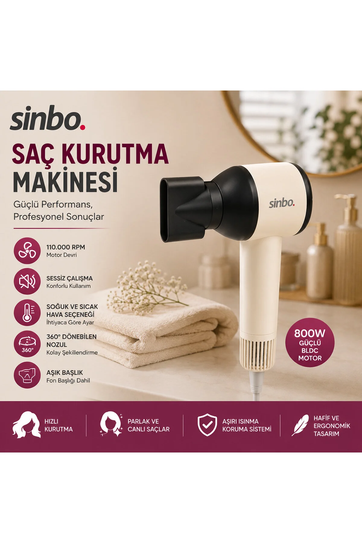 PEMBE SAÇ KURUTMA MAKİNESİ 110.000 RPM SESSİZ ÇALIŞMA - 3 HIZ - SICAKLIK AYAR SHD-1755 (4741)