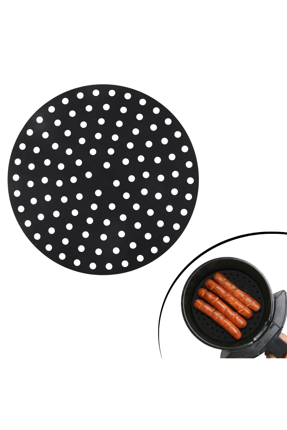 Siyah Isıya Dayanıklı Yıkanılabilir Silikon Fırın Ve Airfryer Yuvarlak Model Pişirme Matı 23 Cm (474