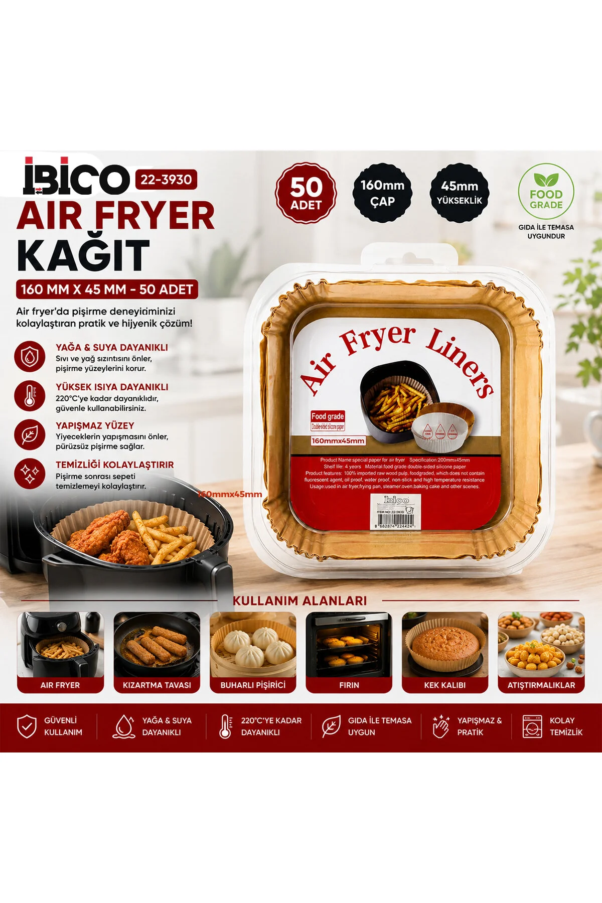 50PCS KARE TABAN: 16CM - KENAR: 4.5CM AİR FRYER PİŞİRME KALIP KAĞIT (4741) - Just Cheap Store Görsel 2