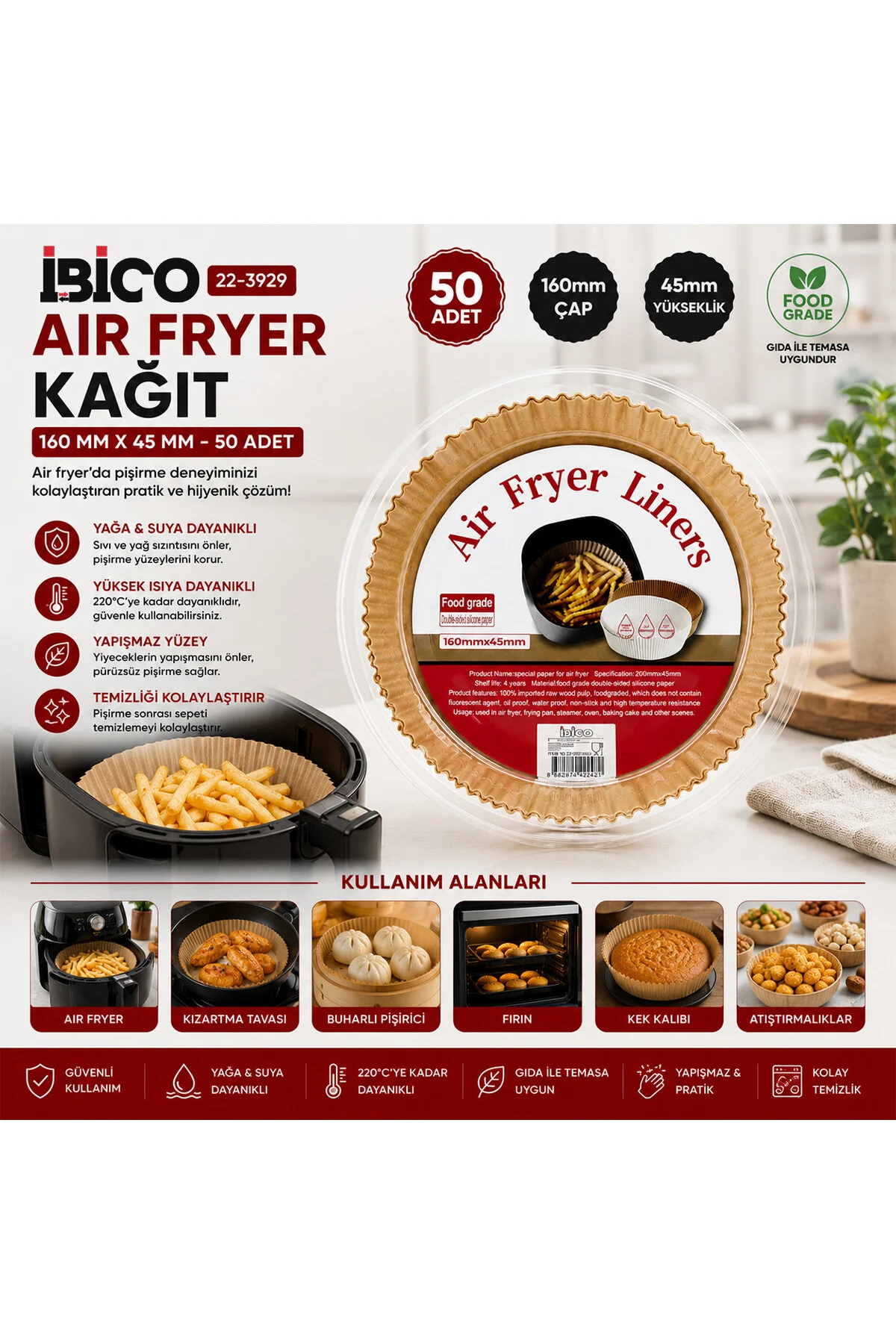 50PCS YUVARLAK TABAN: 16CM - KENAR: 4.5CM AİR FRYER PİŞİRME KALIP KAĞIT (4741) - Just Cheap Store Görsel 2