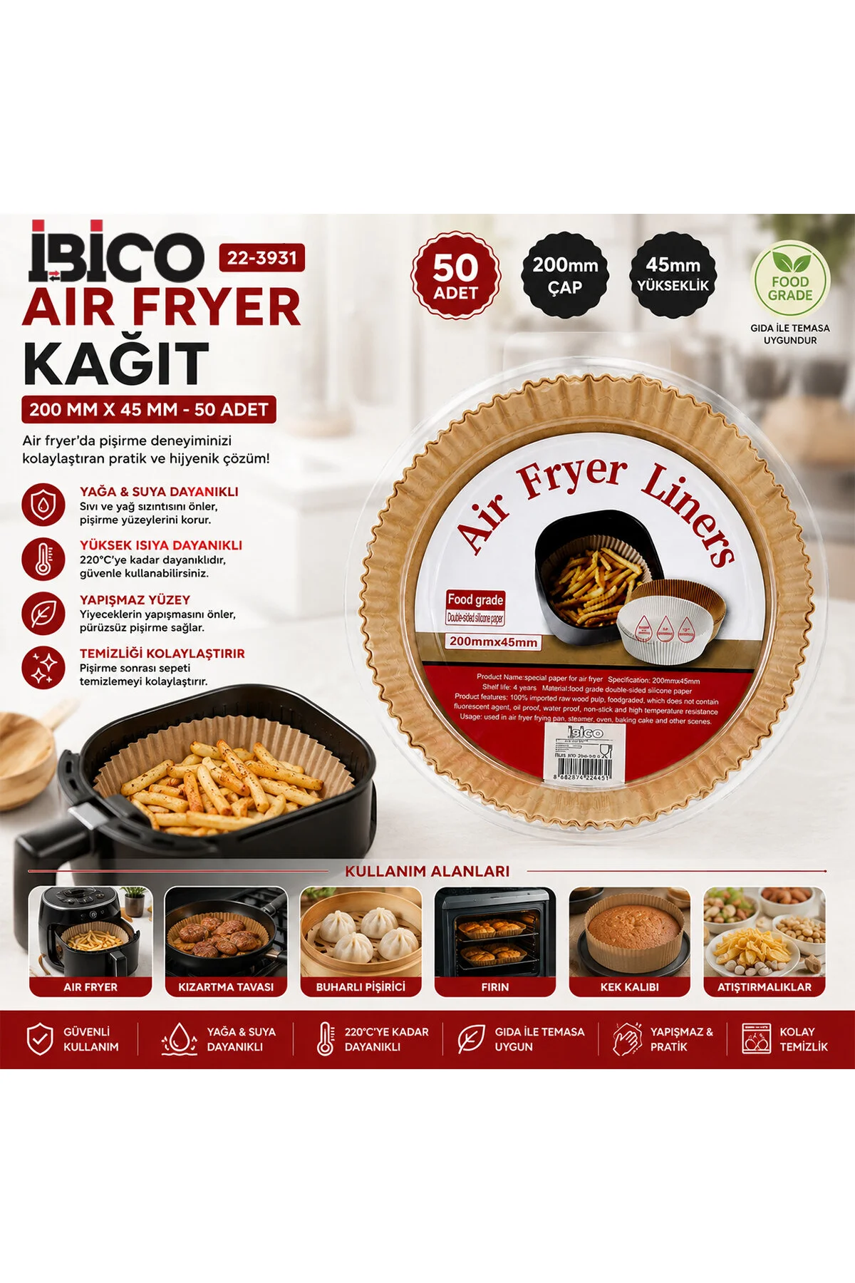 50PCS YUVARLAK TABAN: 20CM - KENAR: 4.5CM AİR FRYER PİŞİRME KALIP KAĞIT (4741) - Just Cheap Store Görsel 2