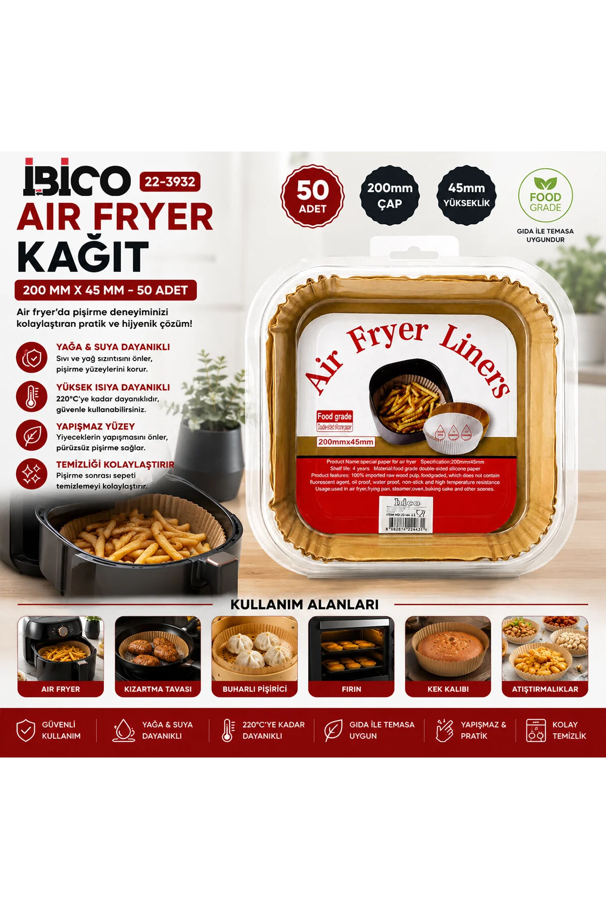 50PCS KARE TABAN: 20CM - KENAR: 4.5CM AİR FRYER PİŞİRME KALIP KAĞIT (4741) - Just Cheap Store Görsel 2