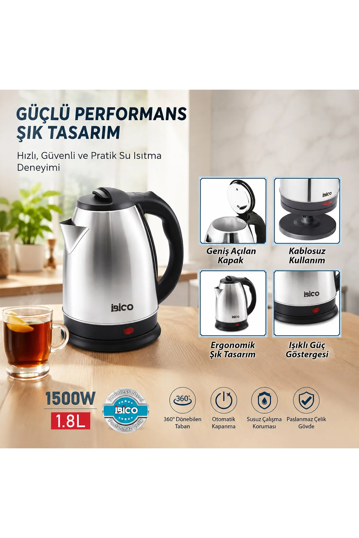 ÇELİK KETTLE SU ISITICISI 1.8LT - 1500W (4741) - Just Cheap Store Görsel 2