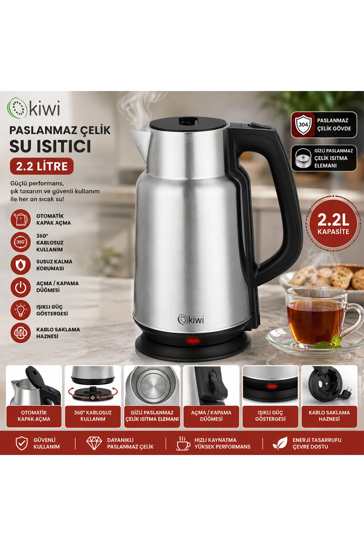 ÇELİK - SÜRAHİ MODEL KETTLE ELEKTRİKLİ SU ISITICISI PASLANMAZ ÇELİK GİZLİ REZİSTANS 360° 2.2LT 1500W - Just Cheap Store Görsel 2