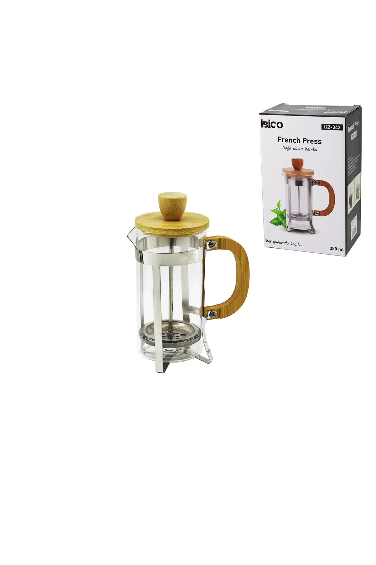 FRENCH PRESS METAL KAFES - BAMBU SAP BAMBU KAPAK 350ML CAM BİTKİ SÜZGEÇİ (4741)