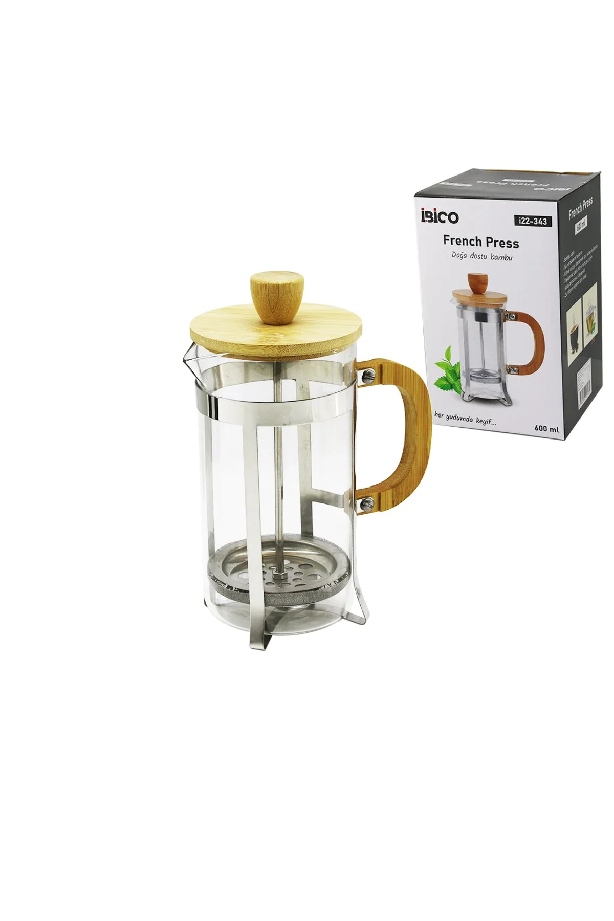 FRENCH PRESS METAL KAFES - BAMBU SAP BAMBU KAPAK 600ML CAM BİTKİ SÜZGEÇİ (4741)