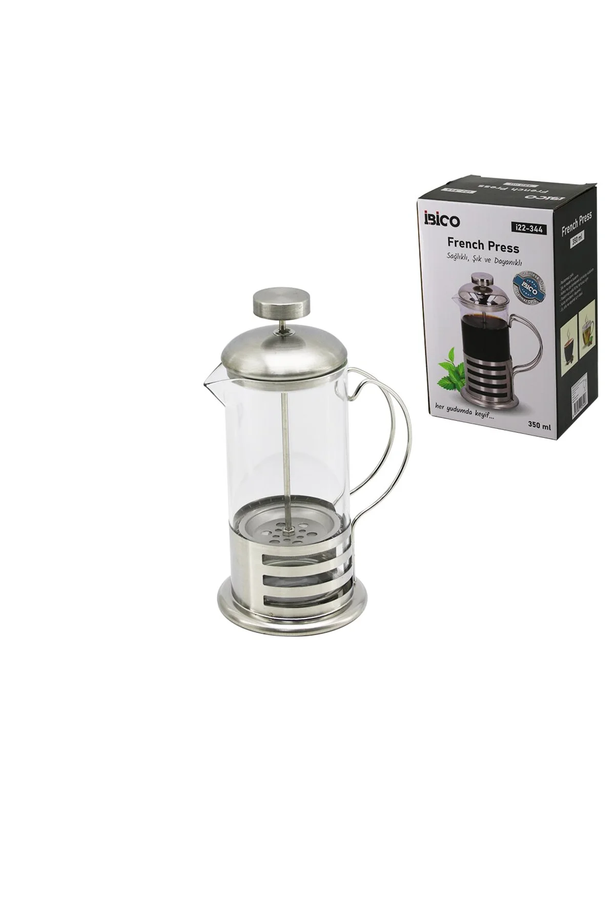 FRENCH PRESS METAL KAFES - METAL KAPAK 350ML CAM BİTKİ SÜZGEÇİ (4741)