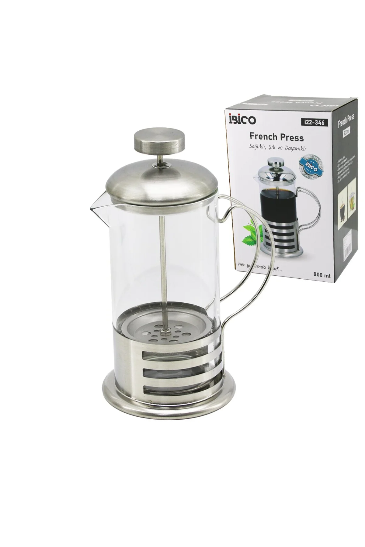 FRENCH PRESS METAL KAFES - METAL KAPAK 800ML CAM BİTKİ SÜZGEÇİ (4741)