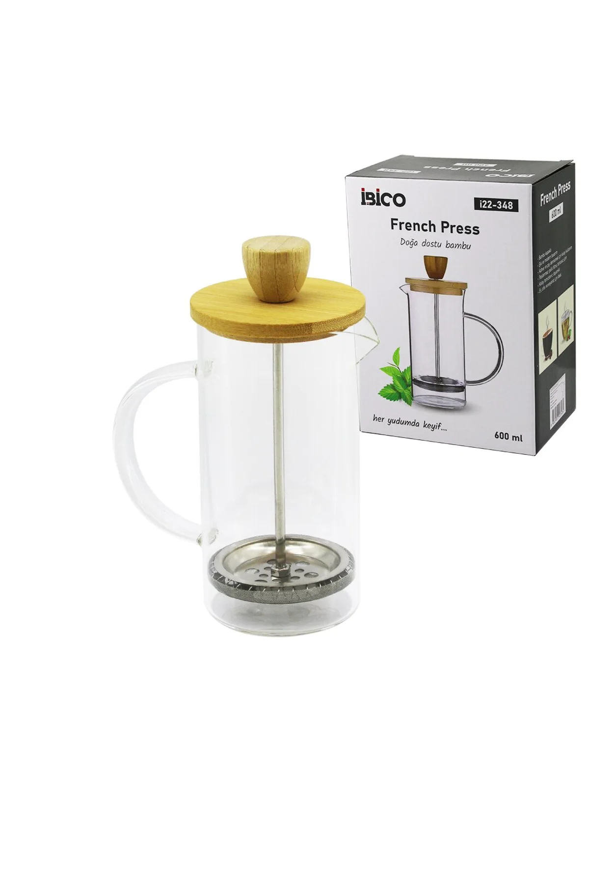 FRENCH PRESS BAMBU KAPAK 600ML CAM BİTKİ SÜZGEÇİ (4741)