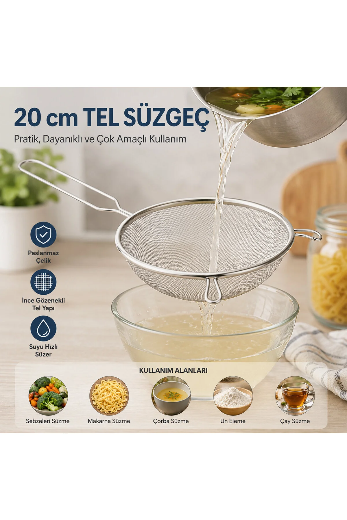 20CM TEL SÜZGEÇ METAL SAPLI KULAKLI (4741) - Just Cheap Store Görsel 2