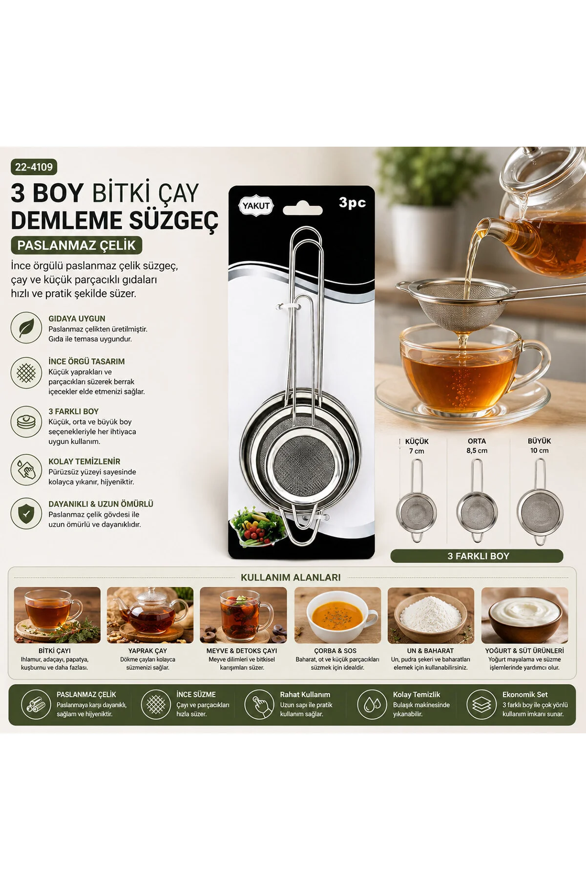 3PCS SET MİNİ= 5-7-8CM TEL SÜZGEÇ METAL ÇERÇECE METAL SAP=8.5-10.5-10.5CM (4741) - Just Cheap Store Görsel 2