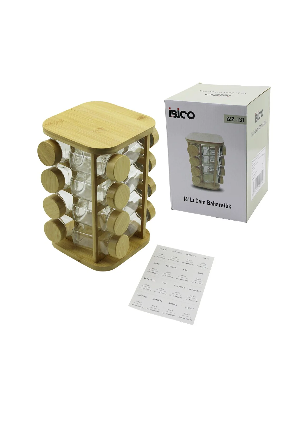 16PCS KARE - DÖNER STANDLI CAM - BAMBU KAPAK TUZLUK - BAHARATLIK BAMBU STAND (4741)