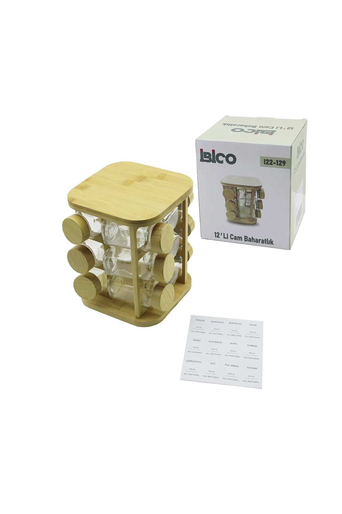 12PCS KARE DÖNER STANDLI CAM - BAMBU KAPAK TUZLUK - BAHARATLIK BAMBU STAND (4741)