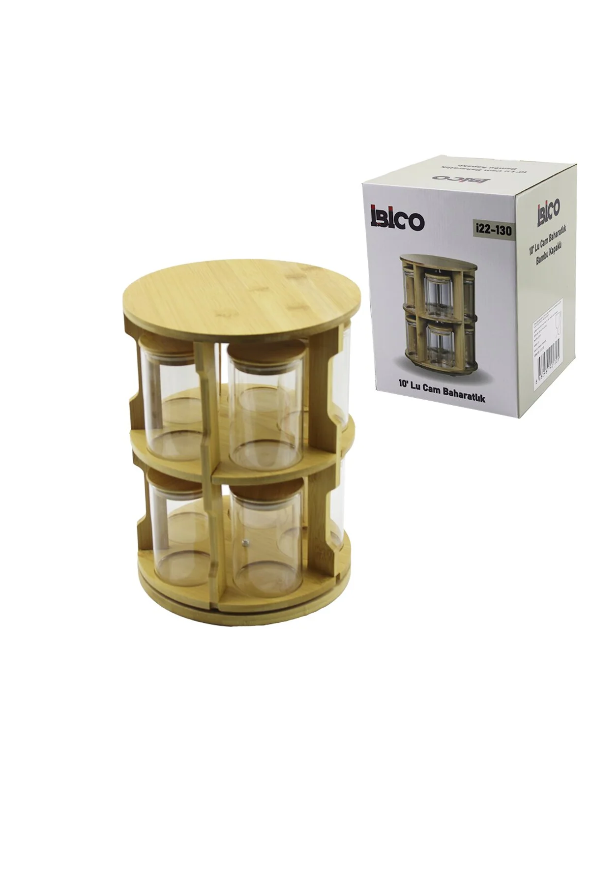10 PCS YUVARLAK - DÖNER STANDLI CAM - BAMBU KAPAK TUZLUK - BAHARATLIK BAMBU STAND (4741)