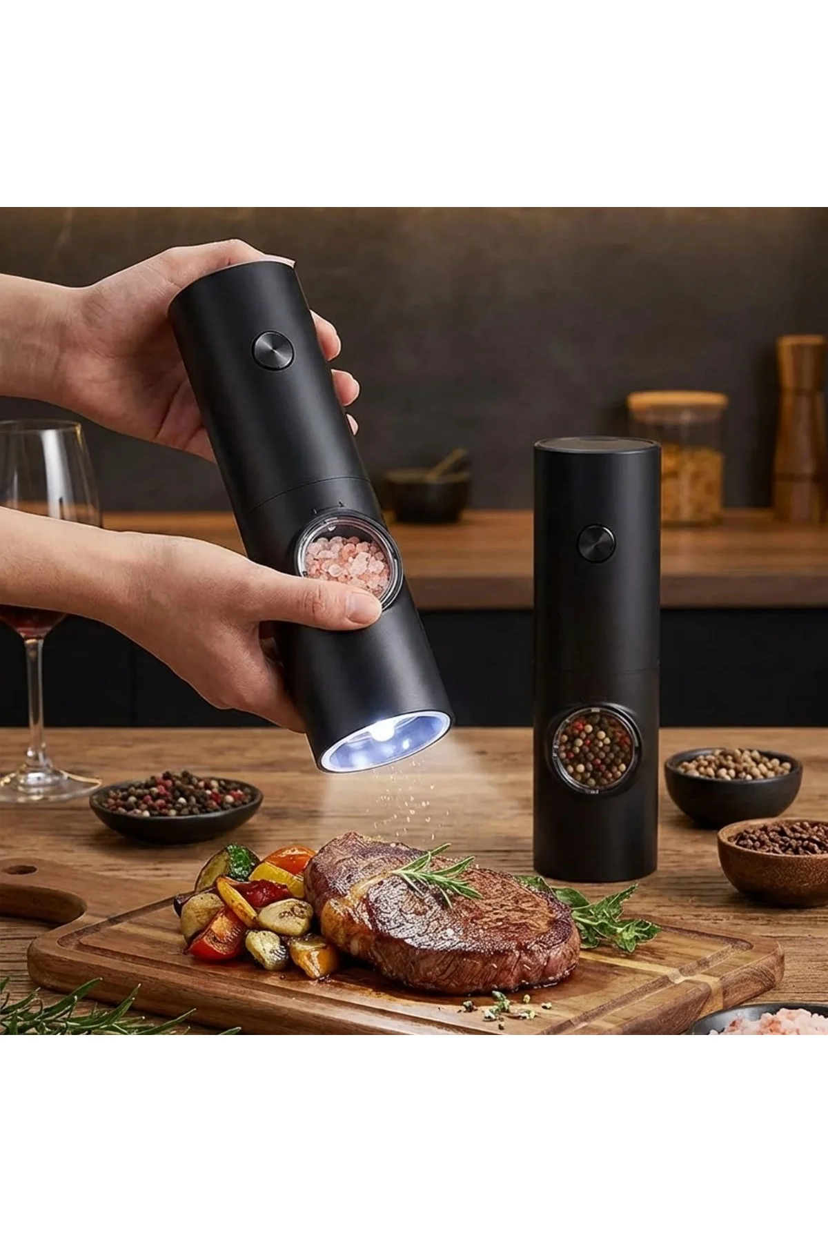 Otomatik Pilli Tuz Karabiber Değirmeni Seti 2’li – LED Işıklı, Standlı, Elektrikli Baharat Öğütücü B - Just Cheap Store Görsel 4