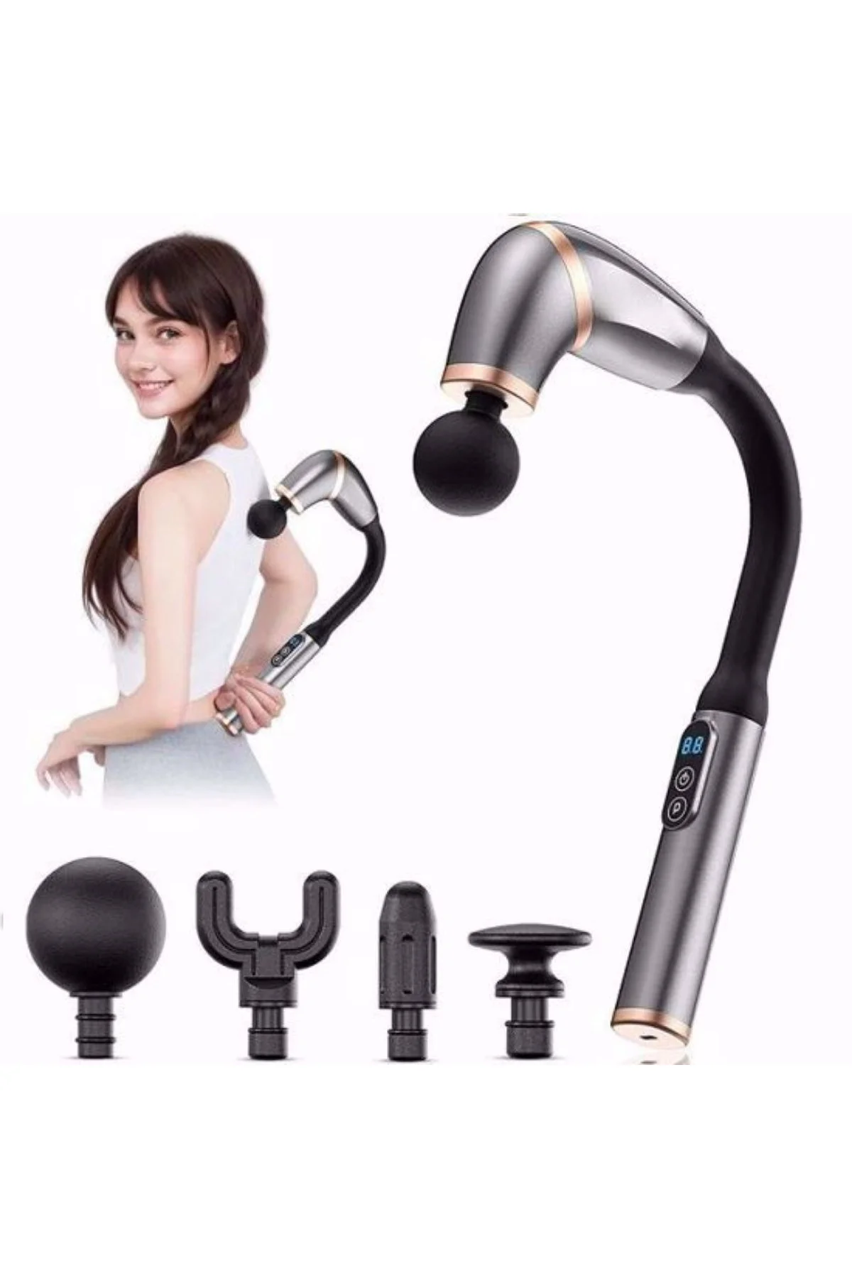 4 Farklı Başlıklı Uzun Saplı Derin Doku Masaj Tabancası, Boyun, Omuz ve Sırt için Ergonomik Saplı Ço