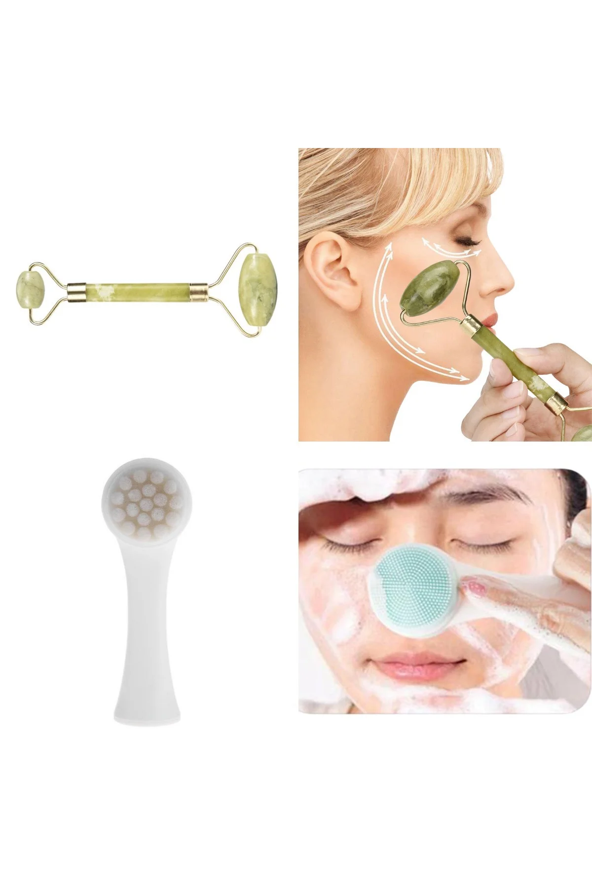 2'li Set Çift Taraflı Cilt Temizleme Fırçası ve Yeşim Taşı Çift Taraflı Cilt Masaj Aleti (4741) - Just Cheap Store Görsel 3
