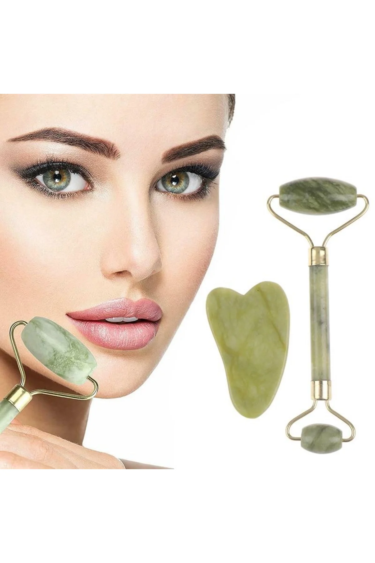Çift Taraflı 2li Cilt Yüz Masaj Aleti Jade Roller Yeşim Taşı Seti (4741)