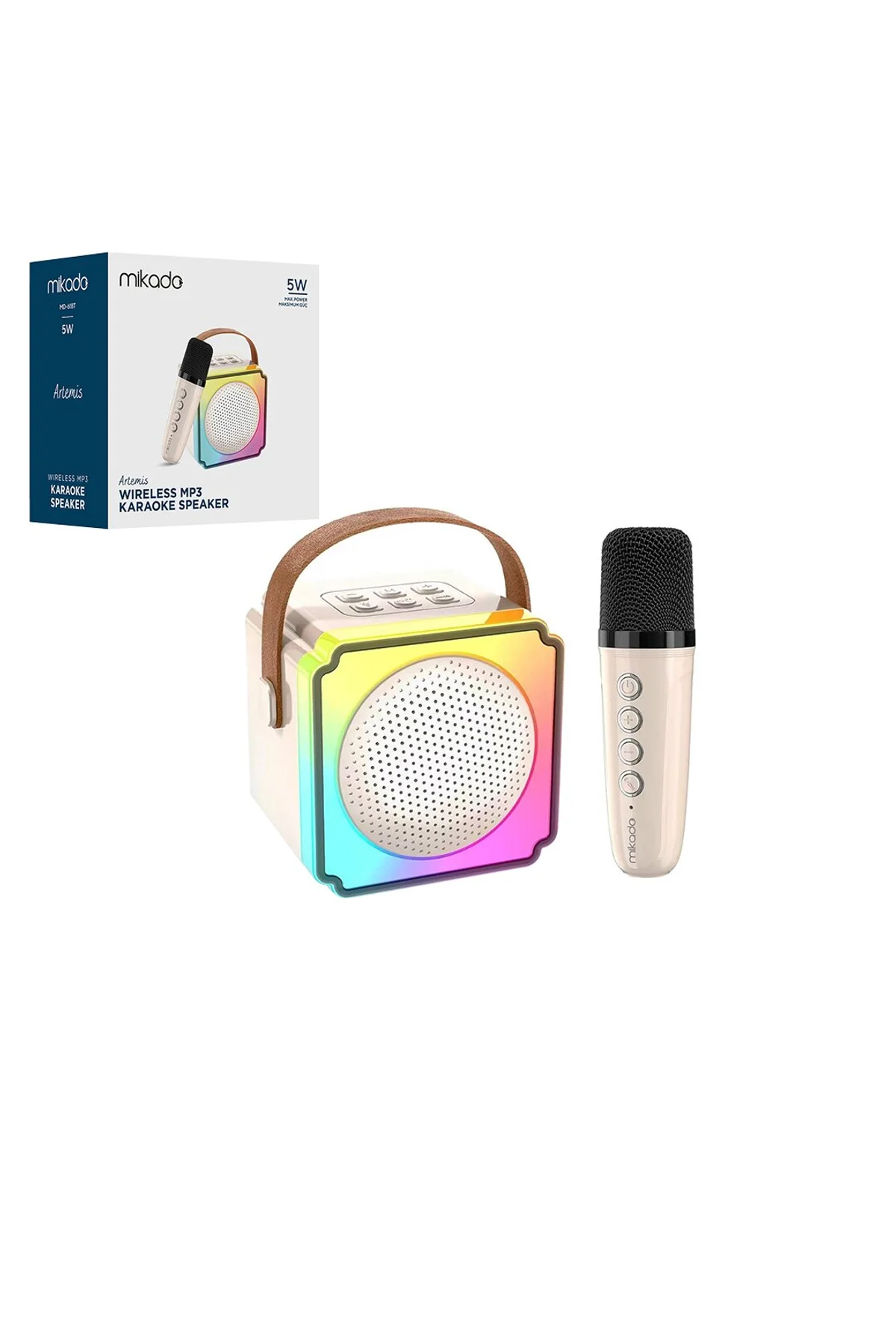 BEYAZ KARAOKE MİKROFONLU WİRELESS HOPARLÖR - SPEAKER IŞIKLI USB ŞARJLI BT - TF CARD - AUX 5W (4741)