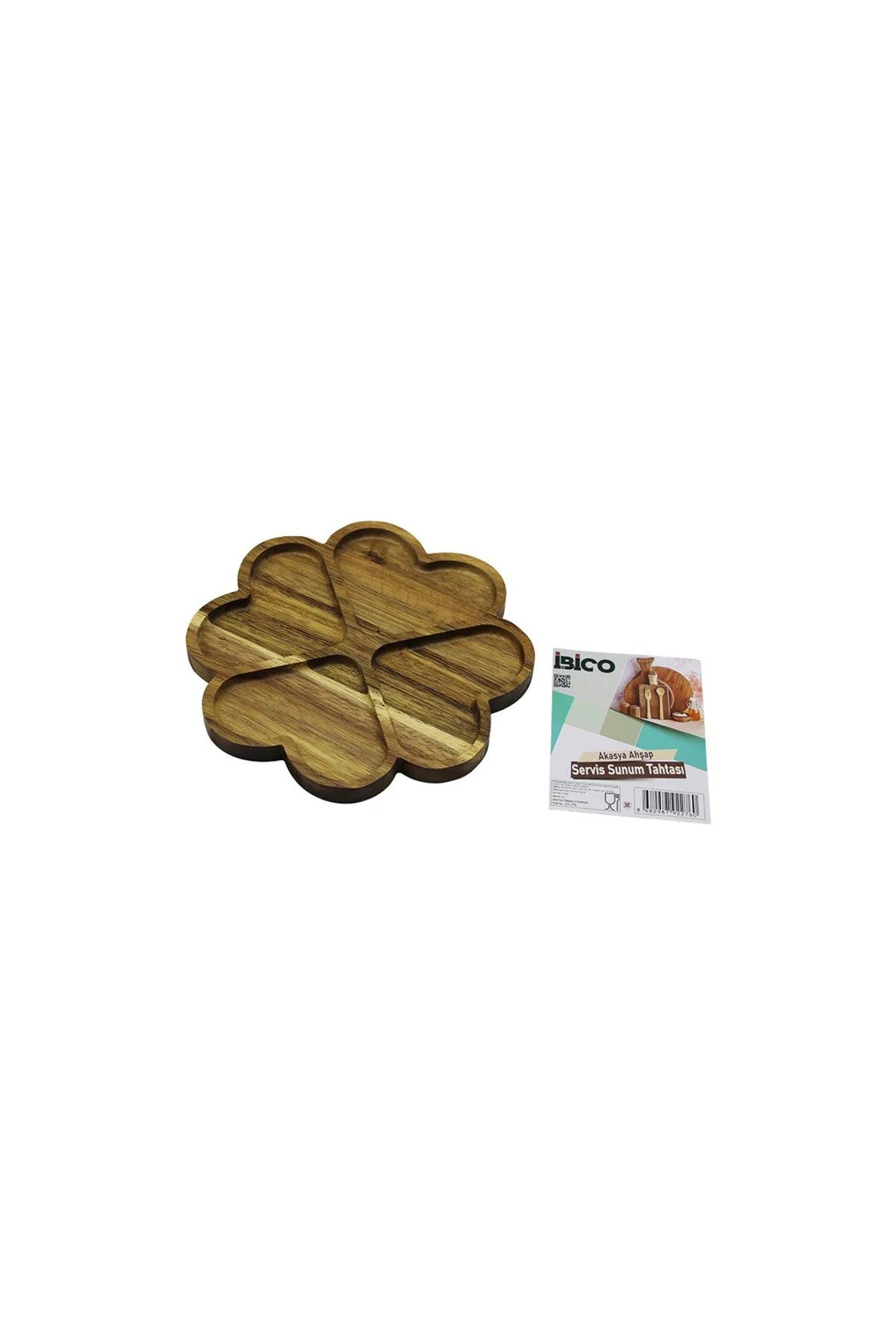 AKASYA YUVARLAK 4 KALP BÖLMELİ AHŞAP SERVİS SUNUM TEPSİ - TAHTASI 21 X 1.4CM (4741)