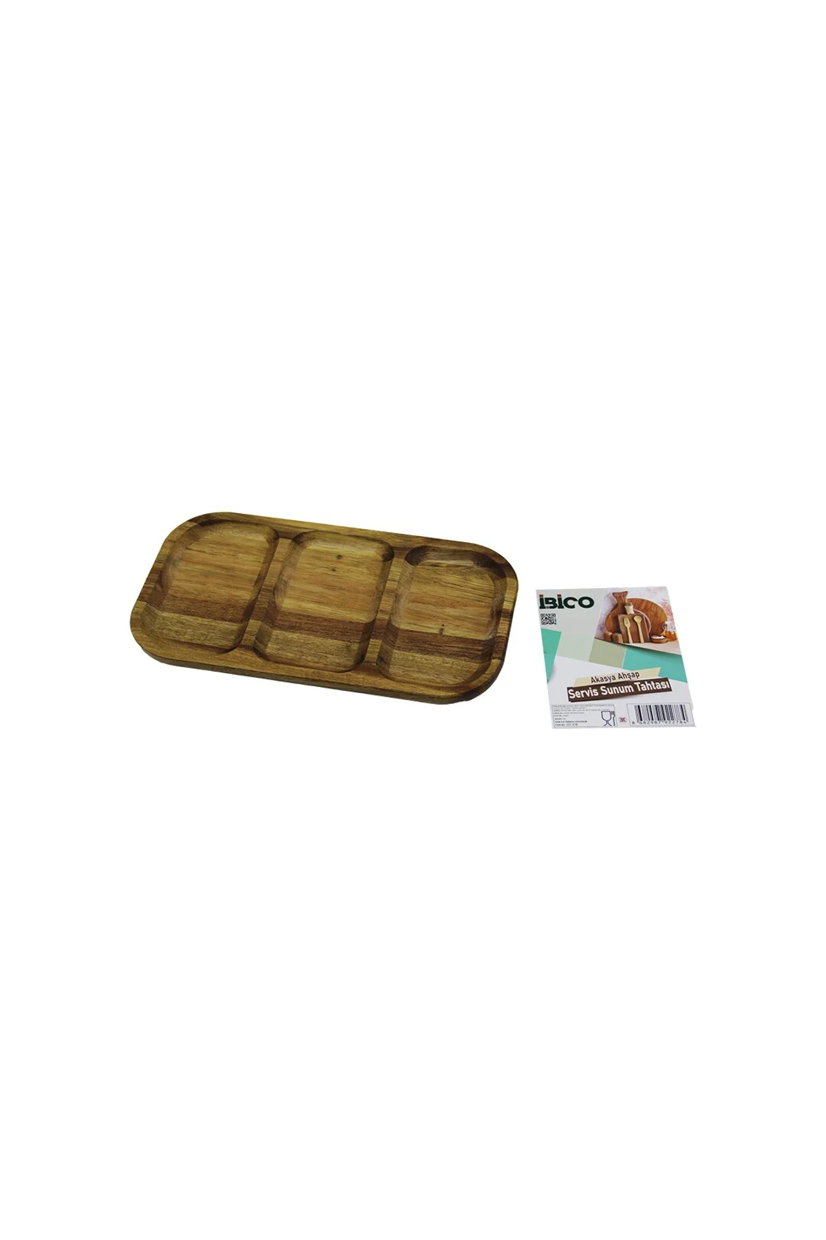 AKASYA DİKDÖRTGEN 3 BÖLMELİ=2+1 AHŞAP SERVİS SUNUM TEPSİ - TAHTASI 25 X 14 X 1.4CM (4741)
