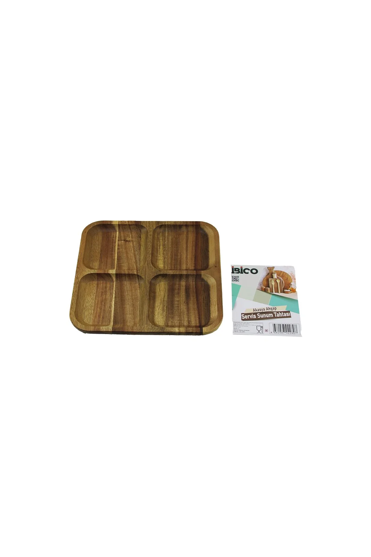 AKASYA KARE 4 BÖLMELİ AHŞAP SERVİS SUNUM TEPSİ - TAHTASI 20 X 1.4CM (4741)