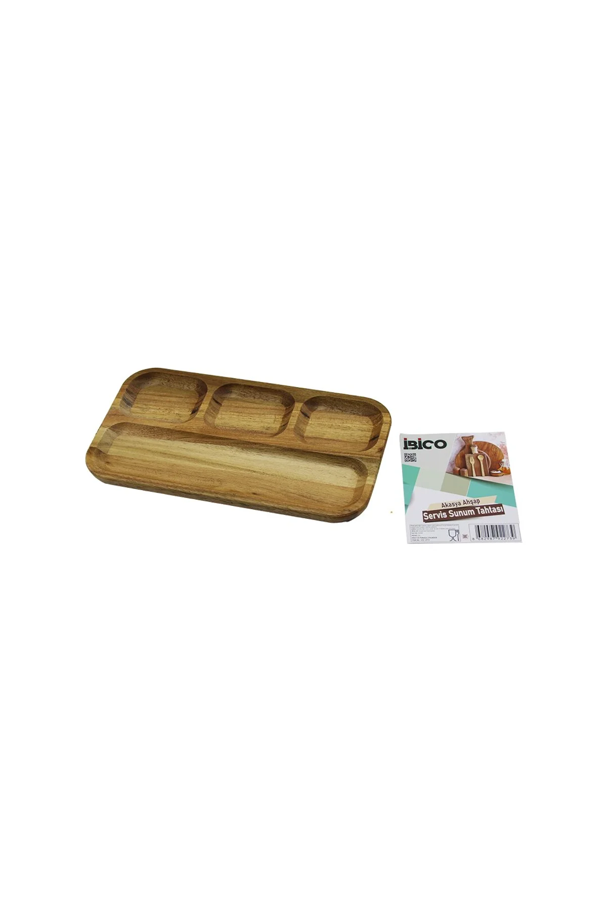 AKASYA DİKDÖRTGEN 4 BÖLMELİ=3+1 AHŞAP SERVİS SUNUM TEPSİ - TAHTASI 25 X 14 X 1.4CM (4741)