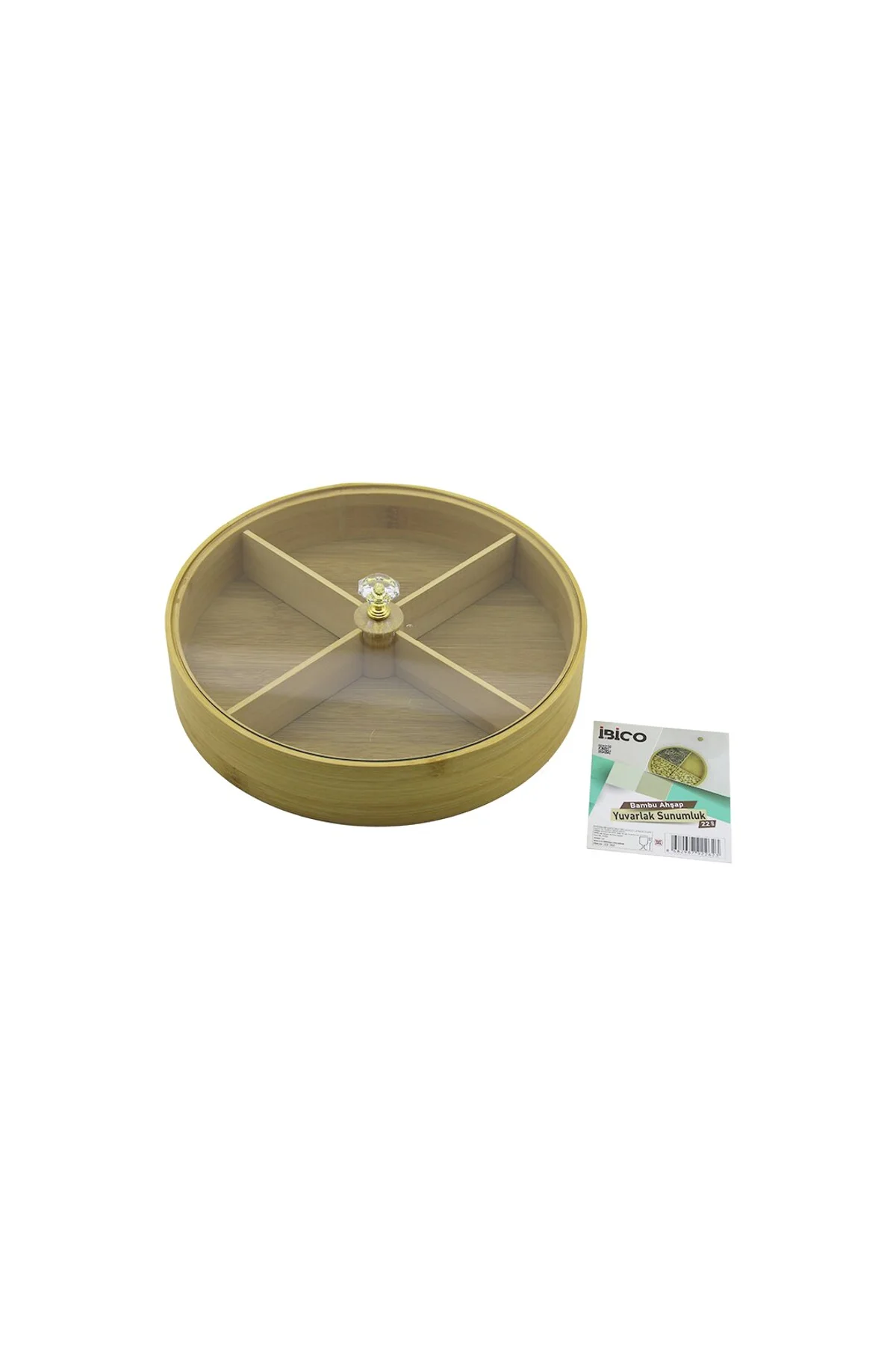 YUVARLAK 4 BÖLMELİ=2IN1=BÖLMESİZ ÇOK AMAÇLI KUTU AHŞAP BAMBU SERVİS SUNUM TEPSİ - TAHTASI 22CM (4741