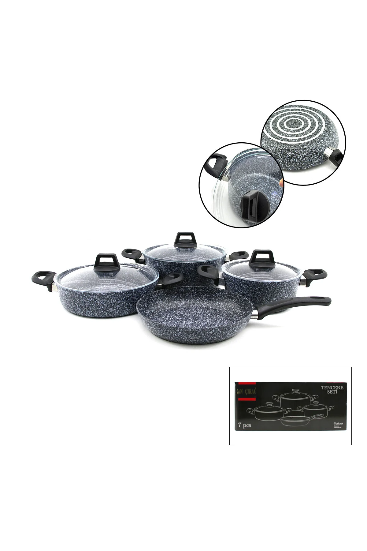 GRİ 7 PARÇA GRANİT TENCERE - TAVA SETİ 20-24CM DERİN - 27CM BASIK CAM KAPAK TENCERE - 26CM TAVA (474